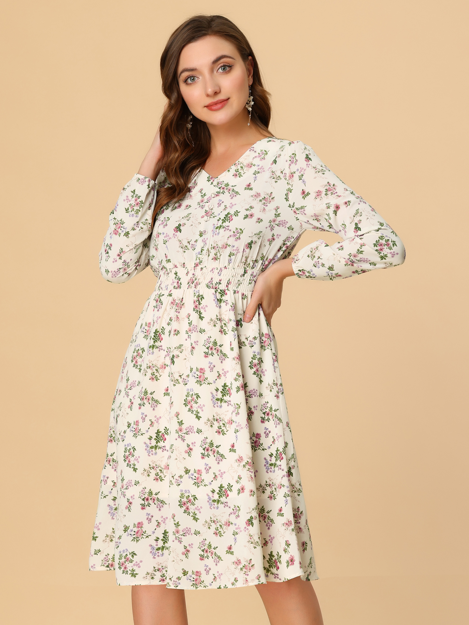 Floral Print V-Neck Long Sleeve Smocked Waist Midi Dress White Pink/S