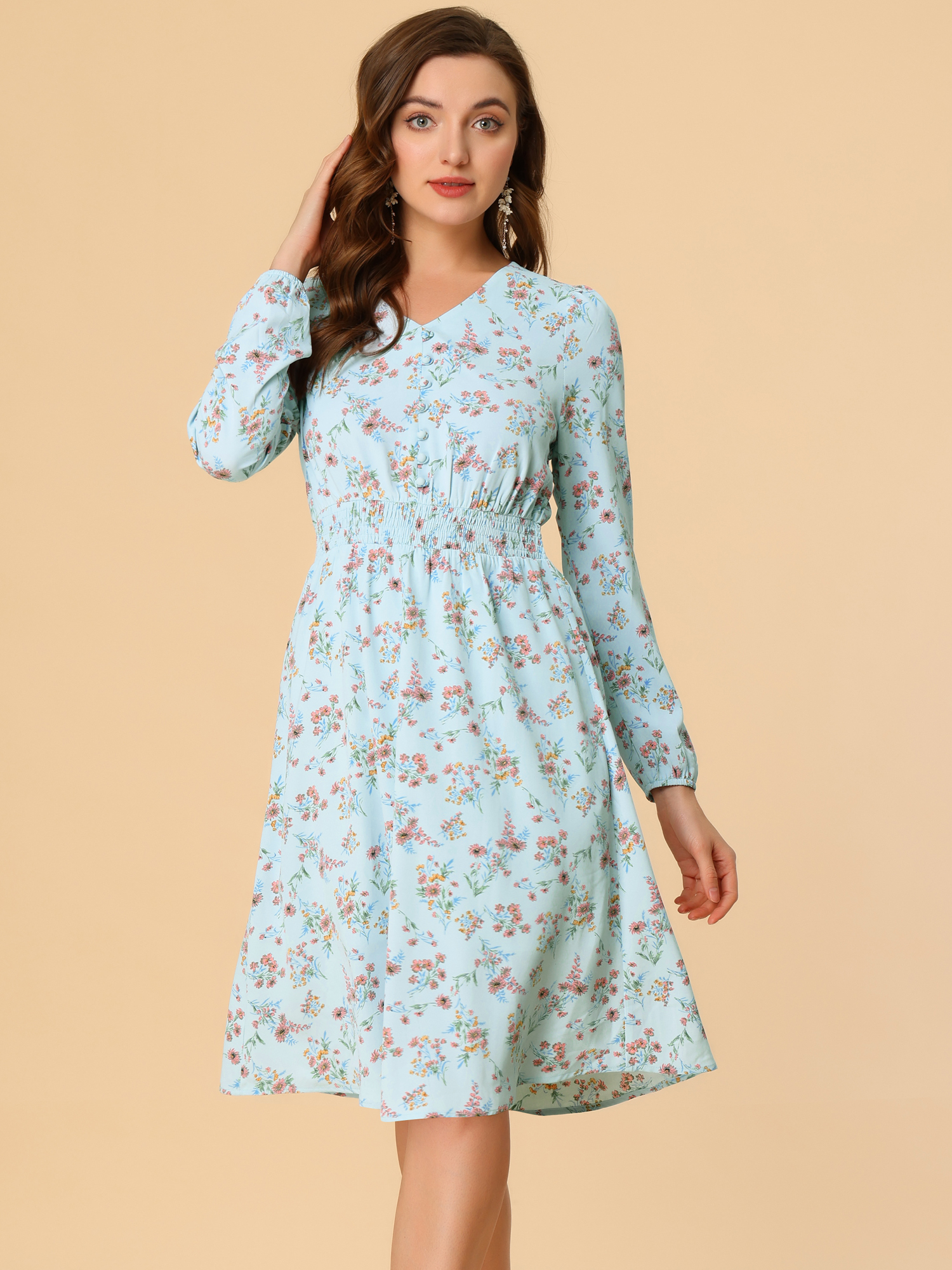 Floral Print V-Neck Long Sleeve Smocked Waist Midi Dress Blue Pink/S