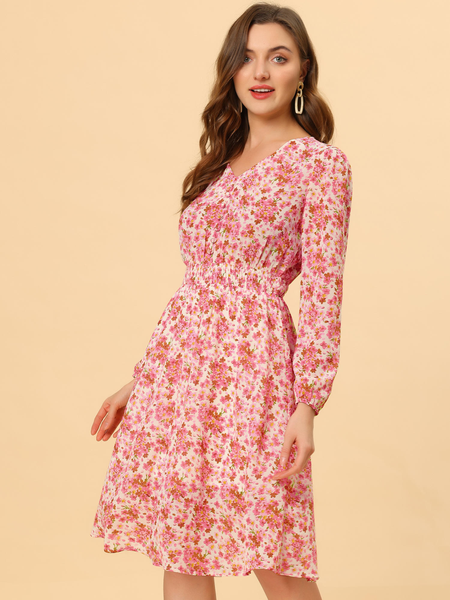 Floral Print V-Neck Long Sleeve Smocked Waist Midi Dress Beige Pink/XL