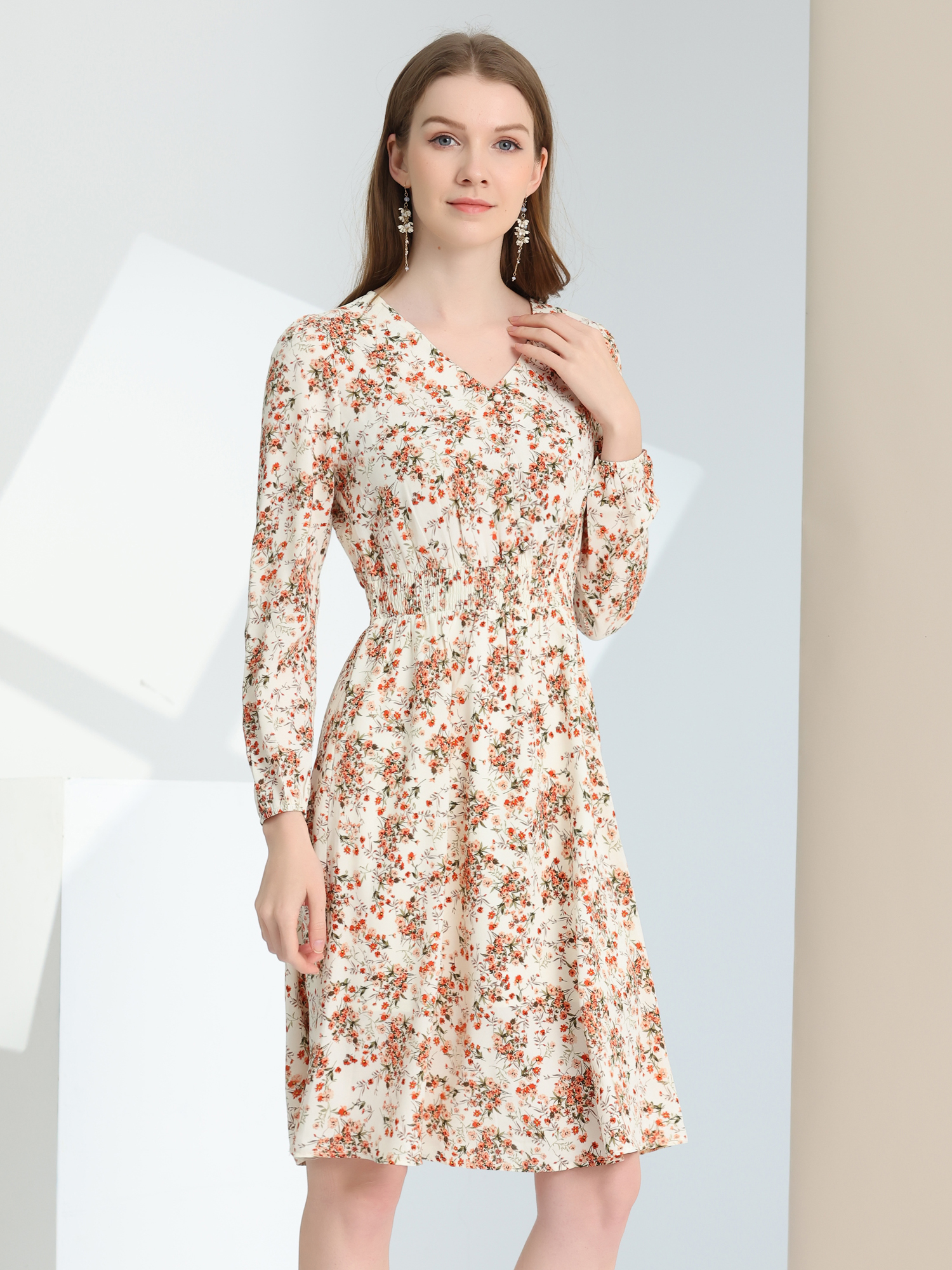 Floral Print V-Neck Long Sleeve Smocked Waist Midi Dress White Orange/L