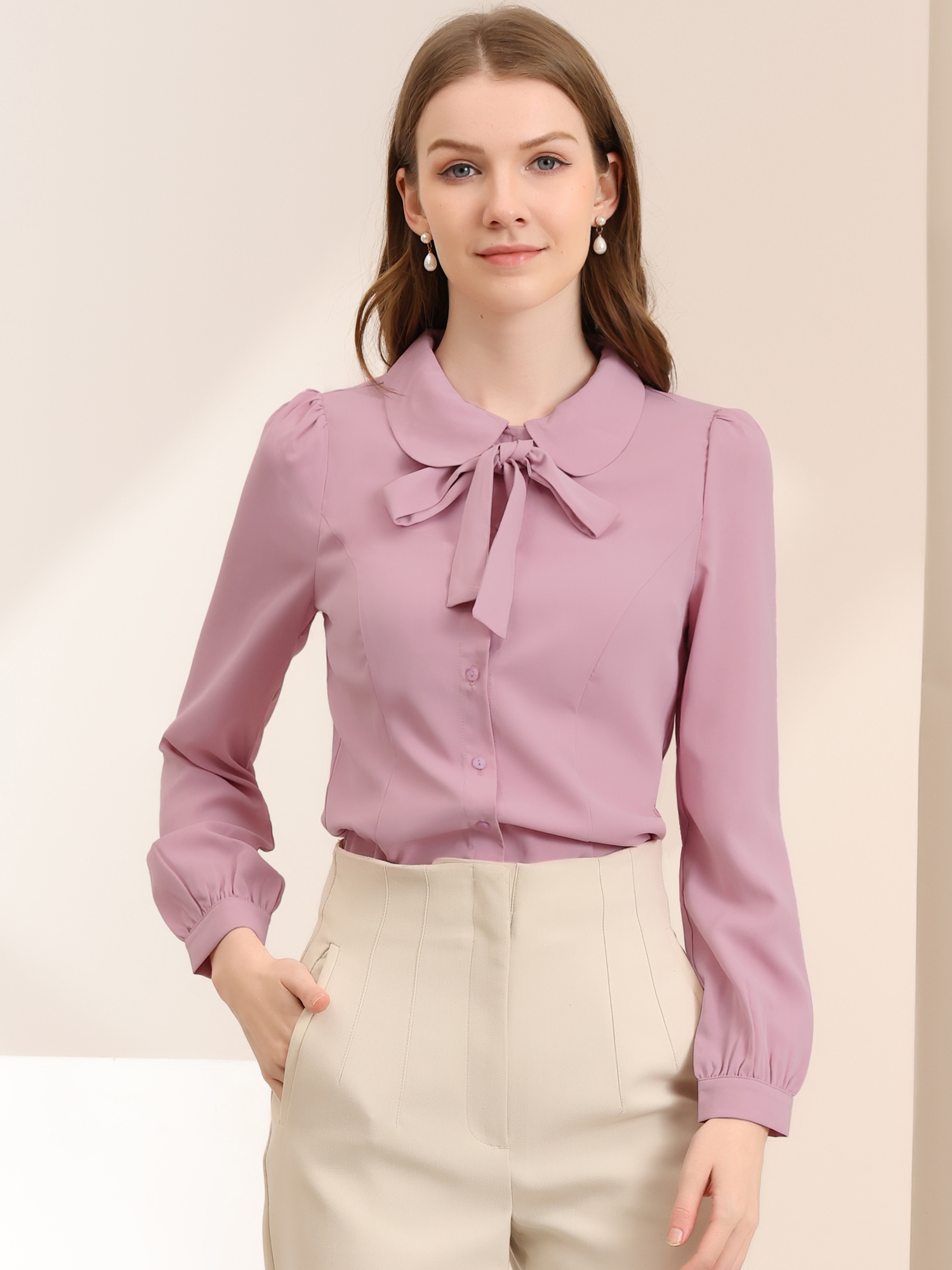 Peter Pan Collar Chiffon Bow Tie Neck Puff Sleeve Button Blouse Pink/XL