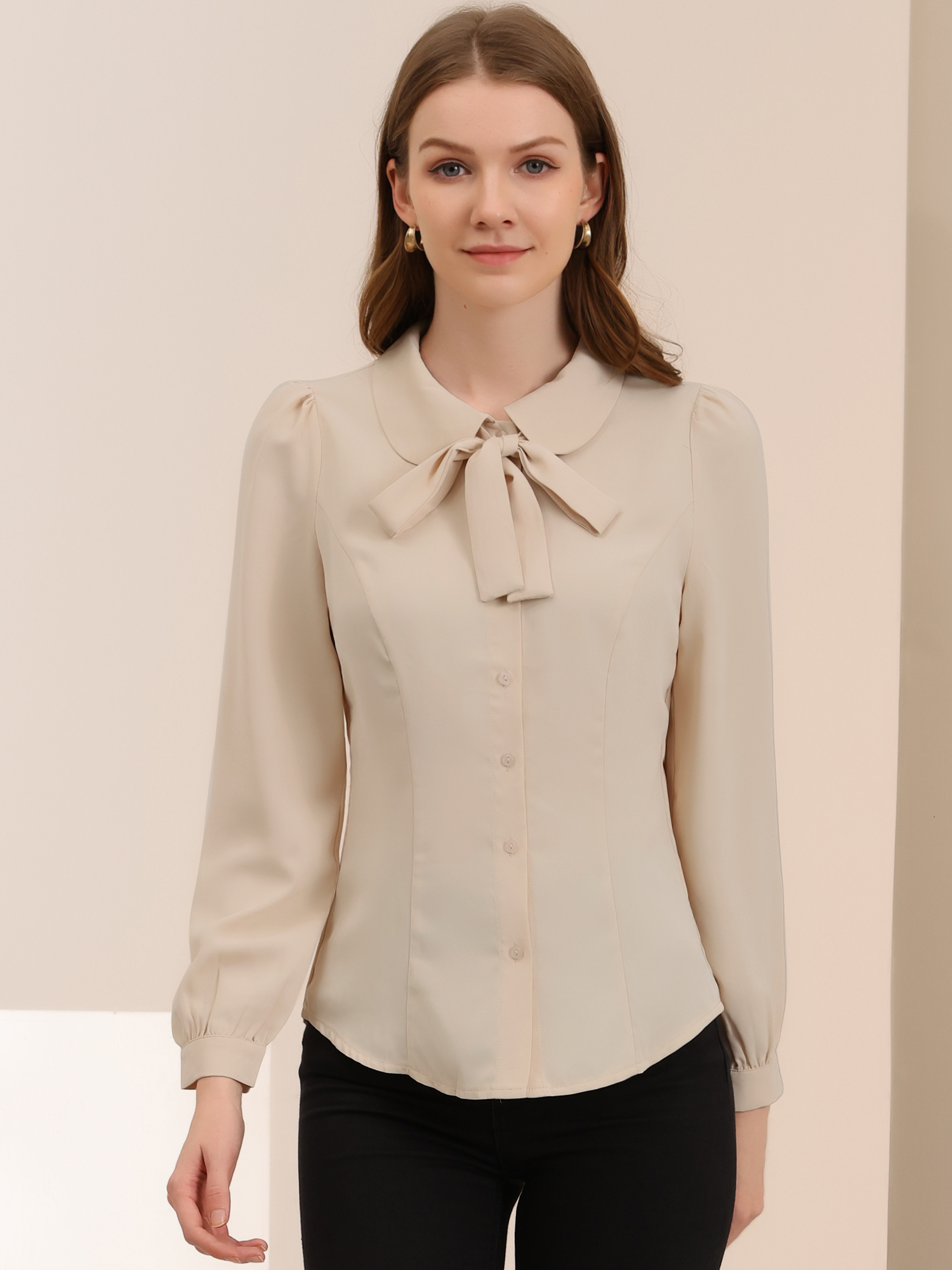 Peter Pan Collar Chiffon Bow Tie Neck Puff Sleeve Button Blouse Beige/L