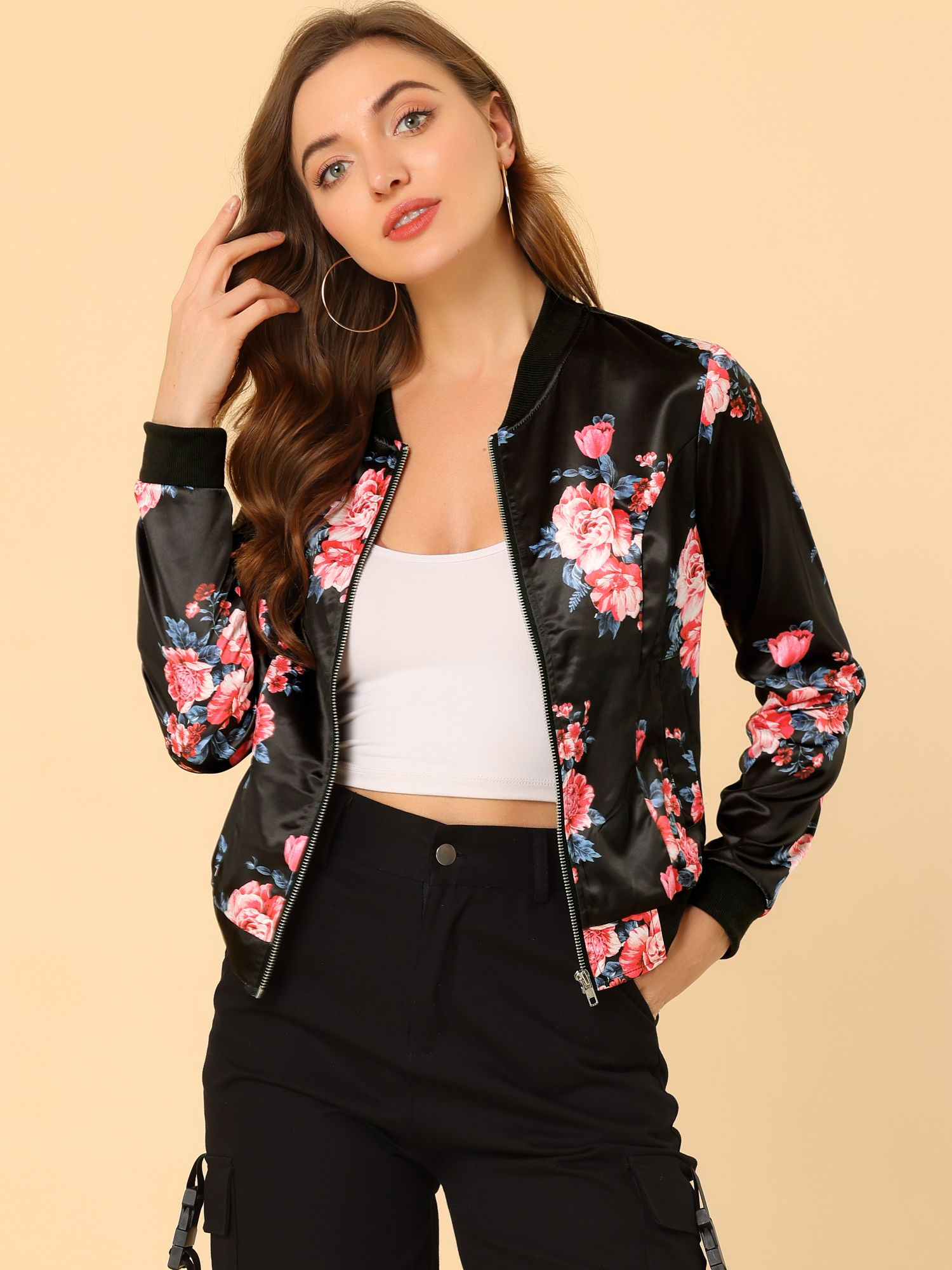 Stand Collar Zip Up Floral Print Bomber Jacket Black Pink/XS
