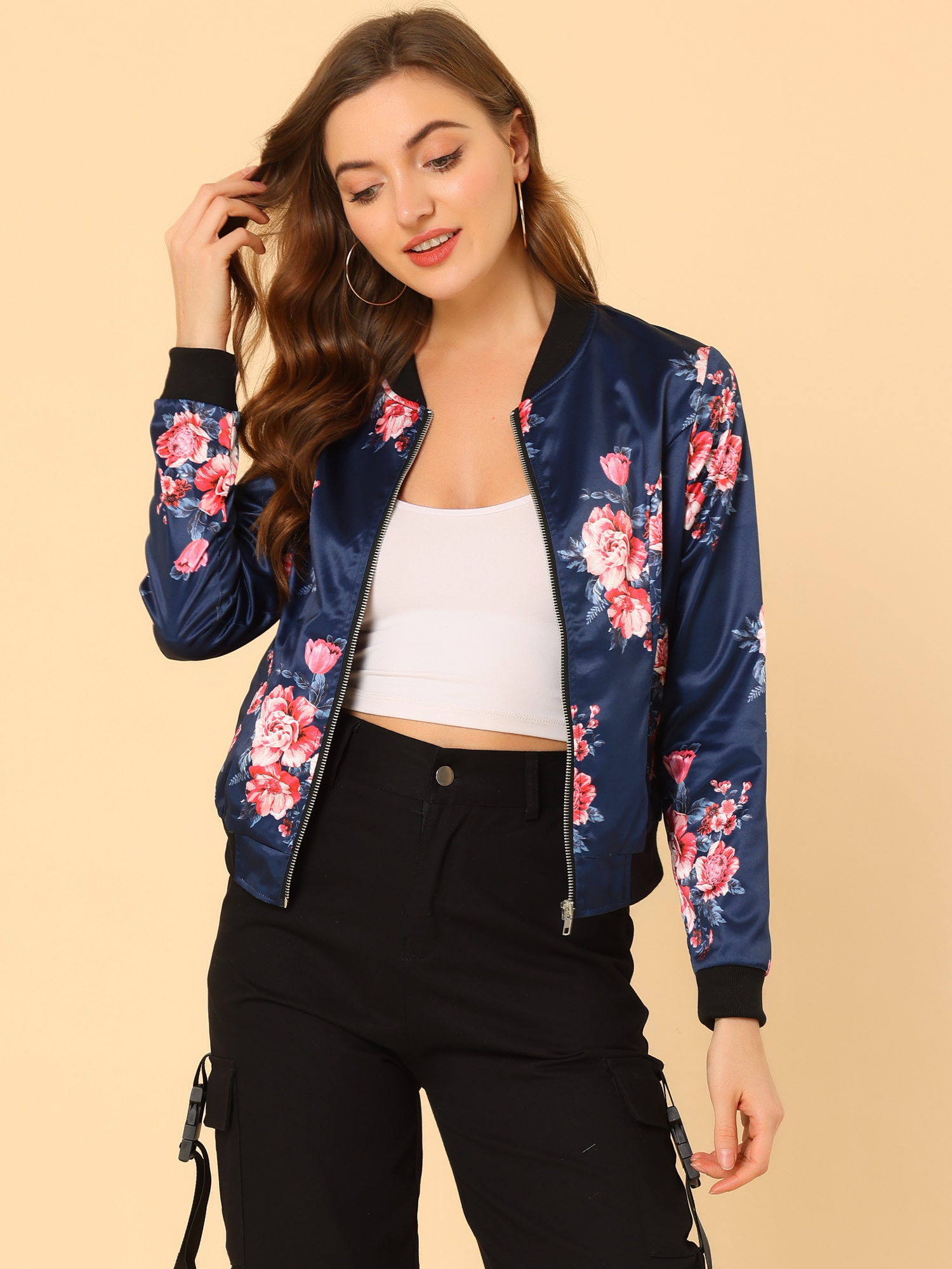 Stand Collar Zip Up Floral Print Bomber Jacket Dark Blue/XS