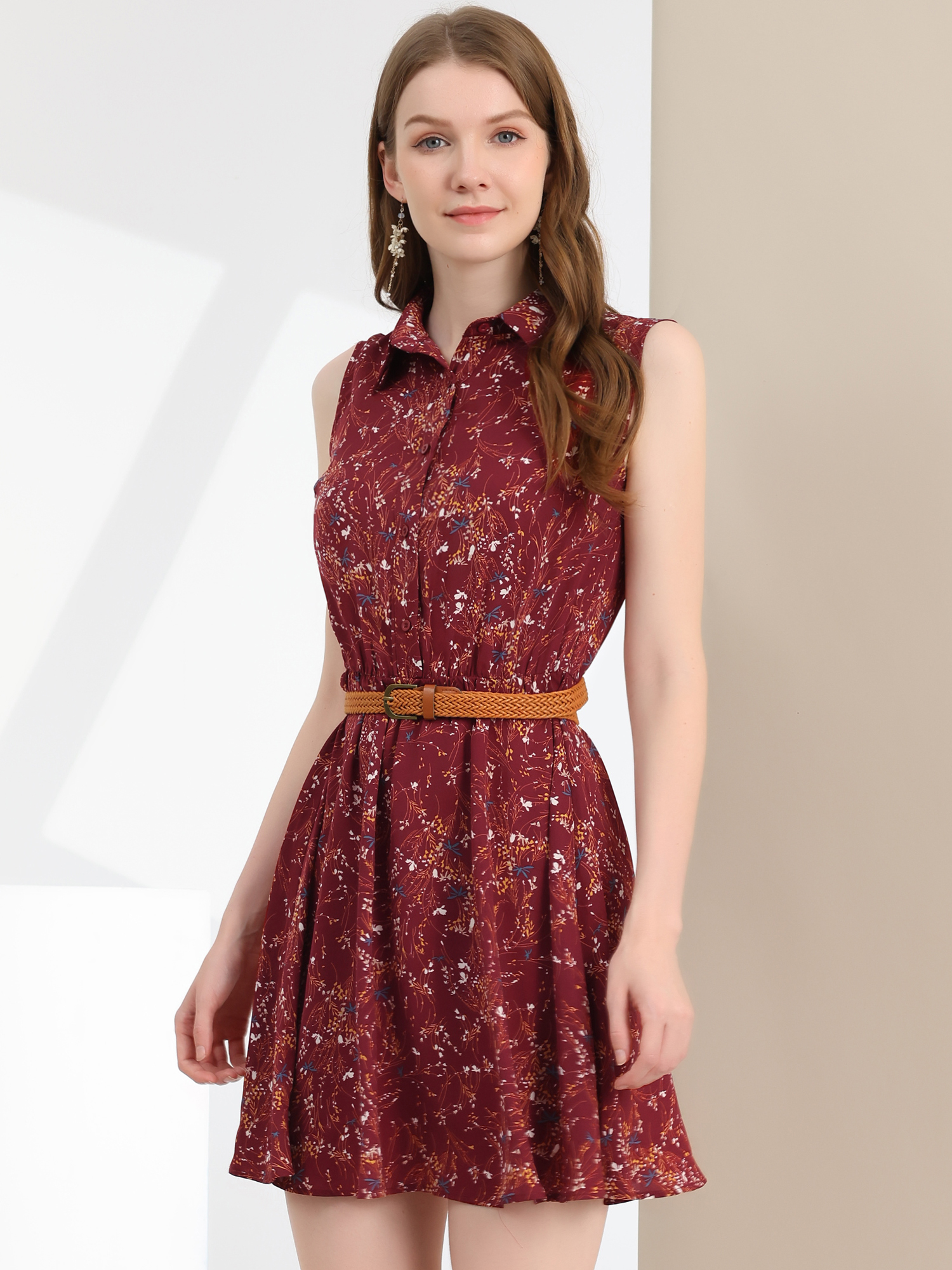 Sleeveless Printed Half Placket Above Knee Belted Dress Dark Red/S