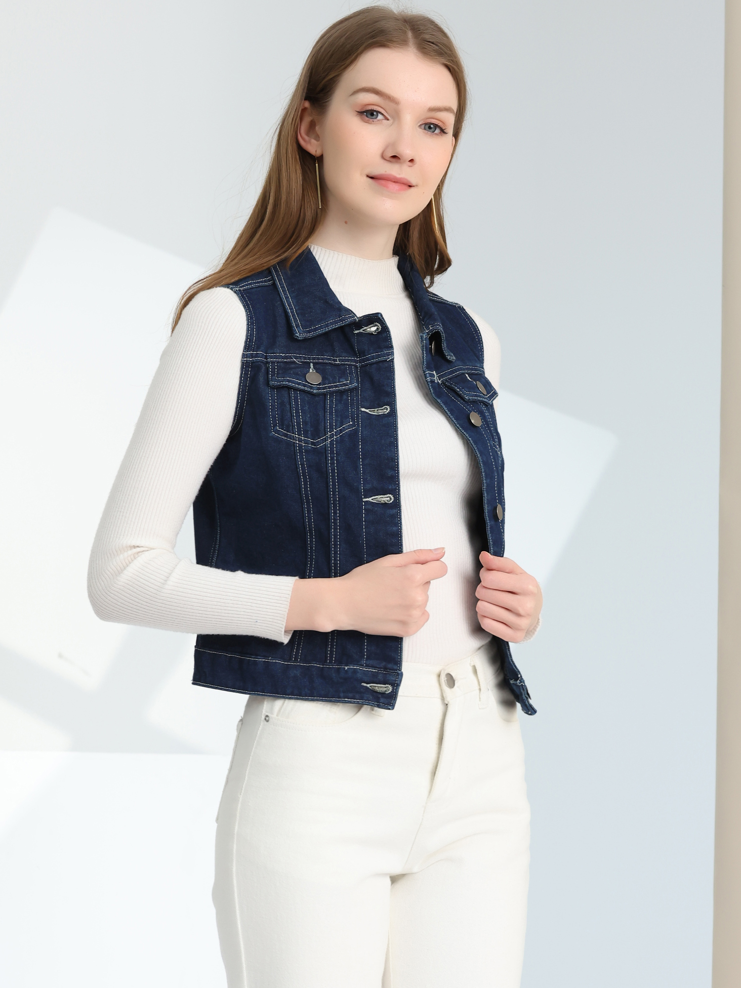 Buttoned Chest Flap Pocket Washed Denim Jacket Vest Navy Blue/M
