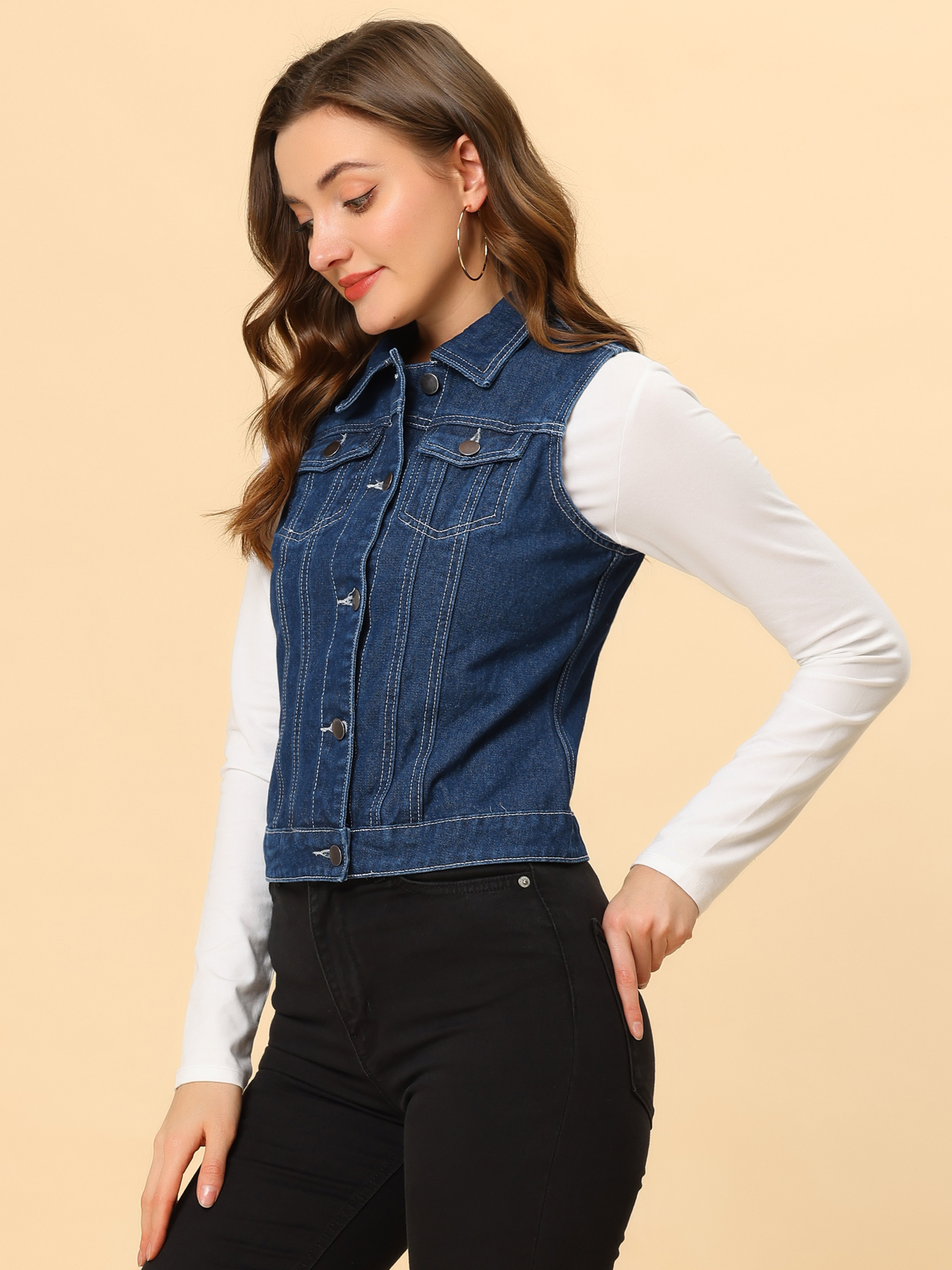 Flap Pocket Washed Buttoned Denim Jacket Vest Dark Blue/S
