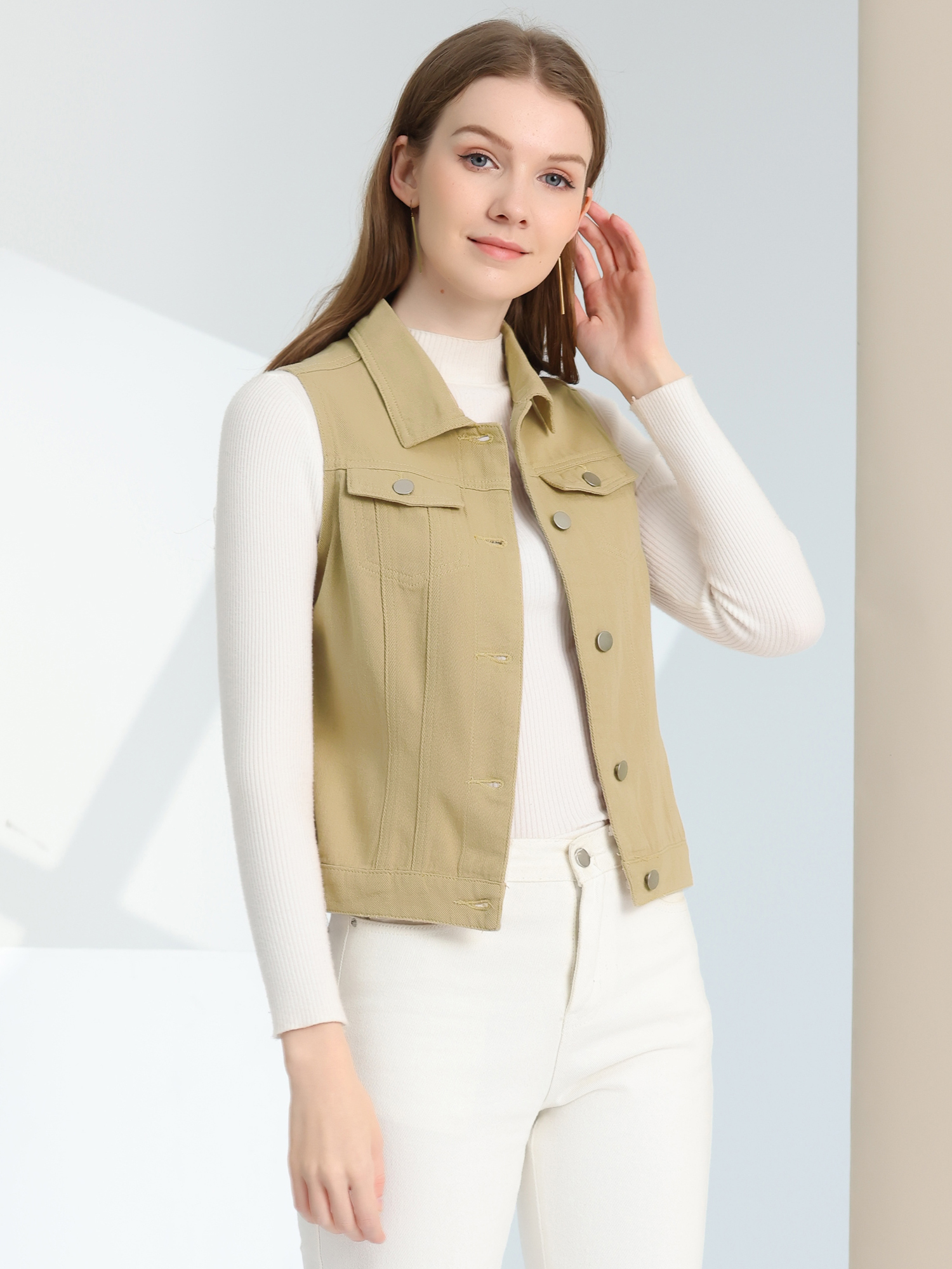 Flap Pocket Washed Buttoned Denim Jacket Vest Light Khaki/M
