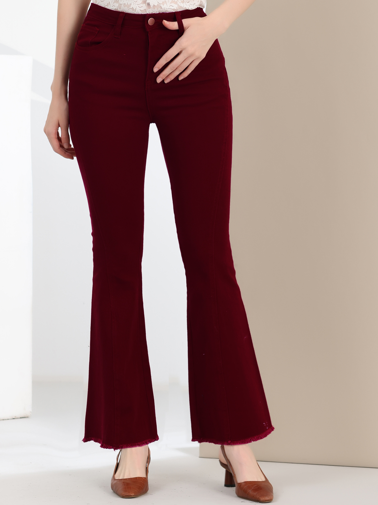 High Waist Stretch Denim Long Bell Pants Flare Jeans Red/XS