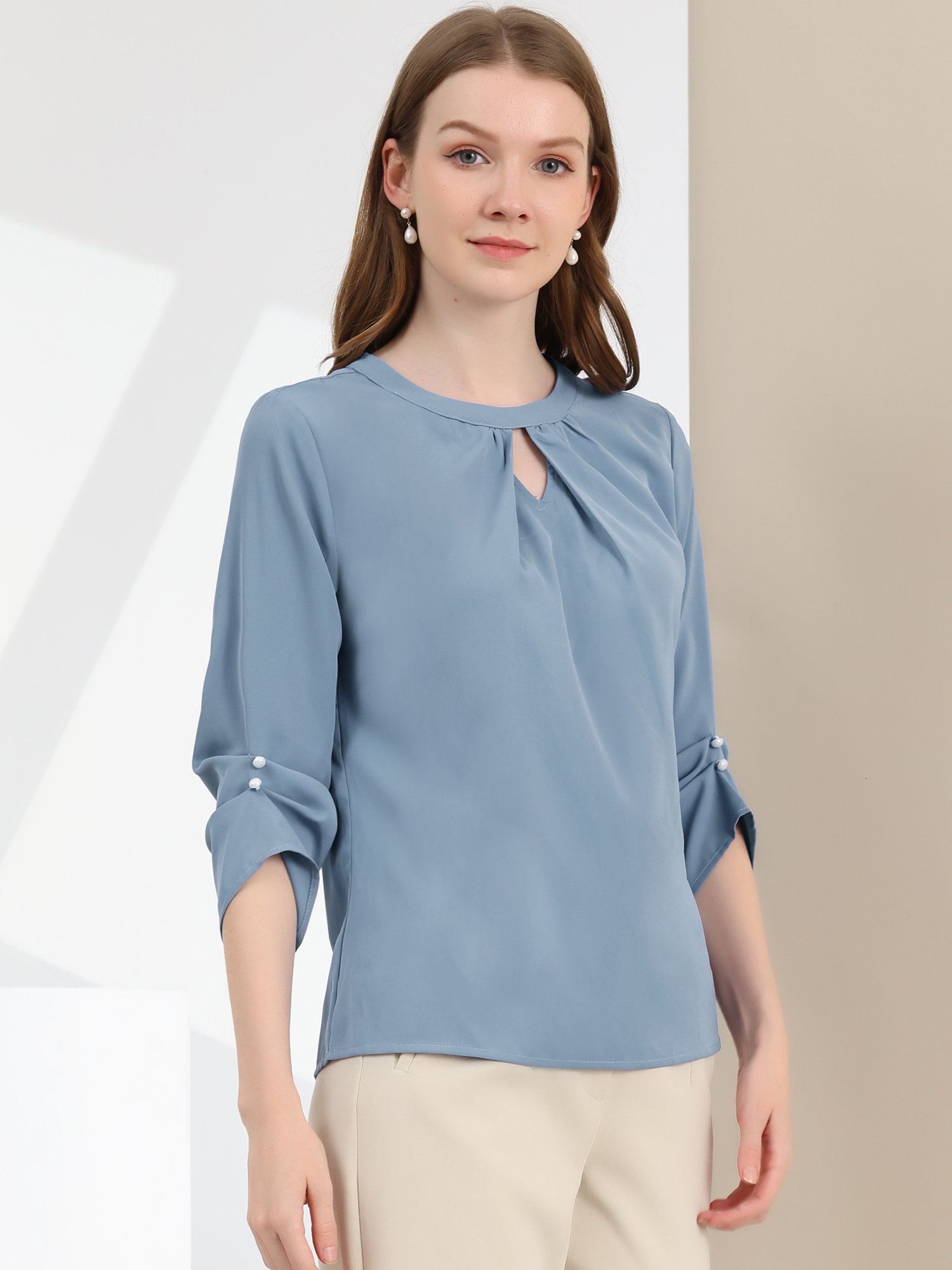 Office Keyhole Pleated Front Ruched 3/4 Sleeve Chiffon Blouse Grey Blue/XL