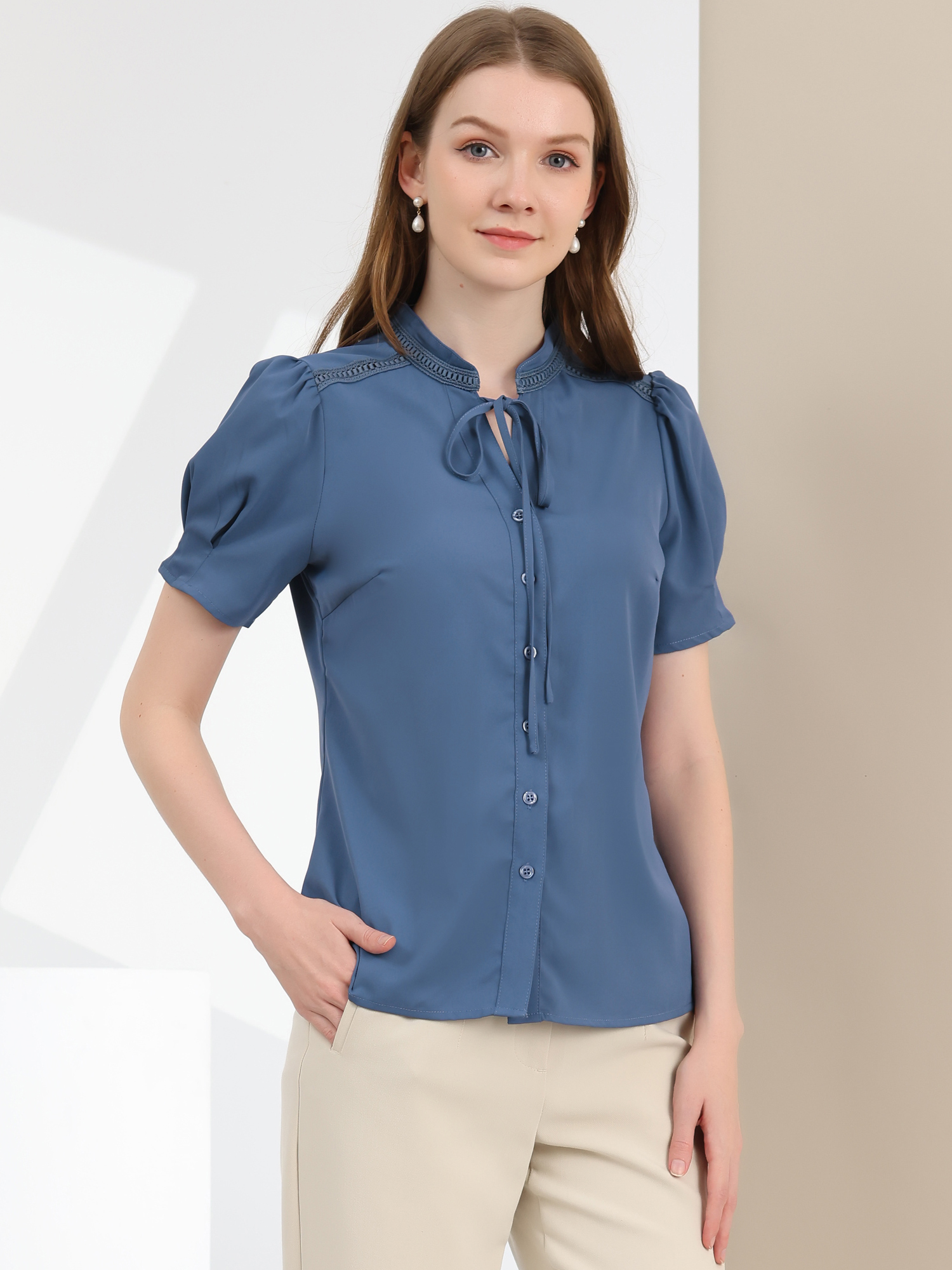Summer Puff Short Sleeve Tie Neck Work Office Button Down Blouse Dark Blue/XL
