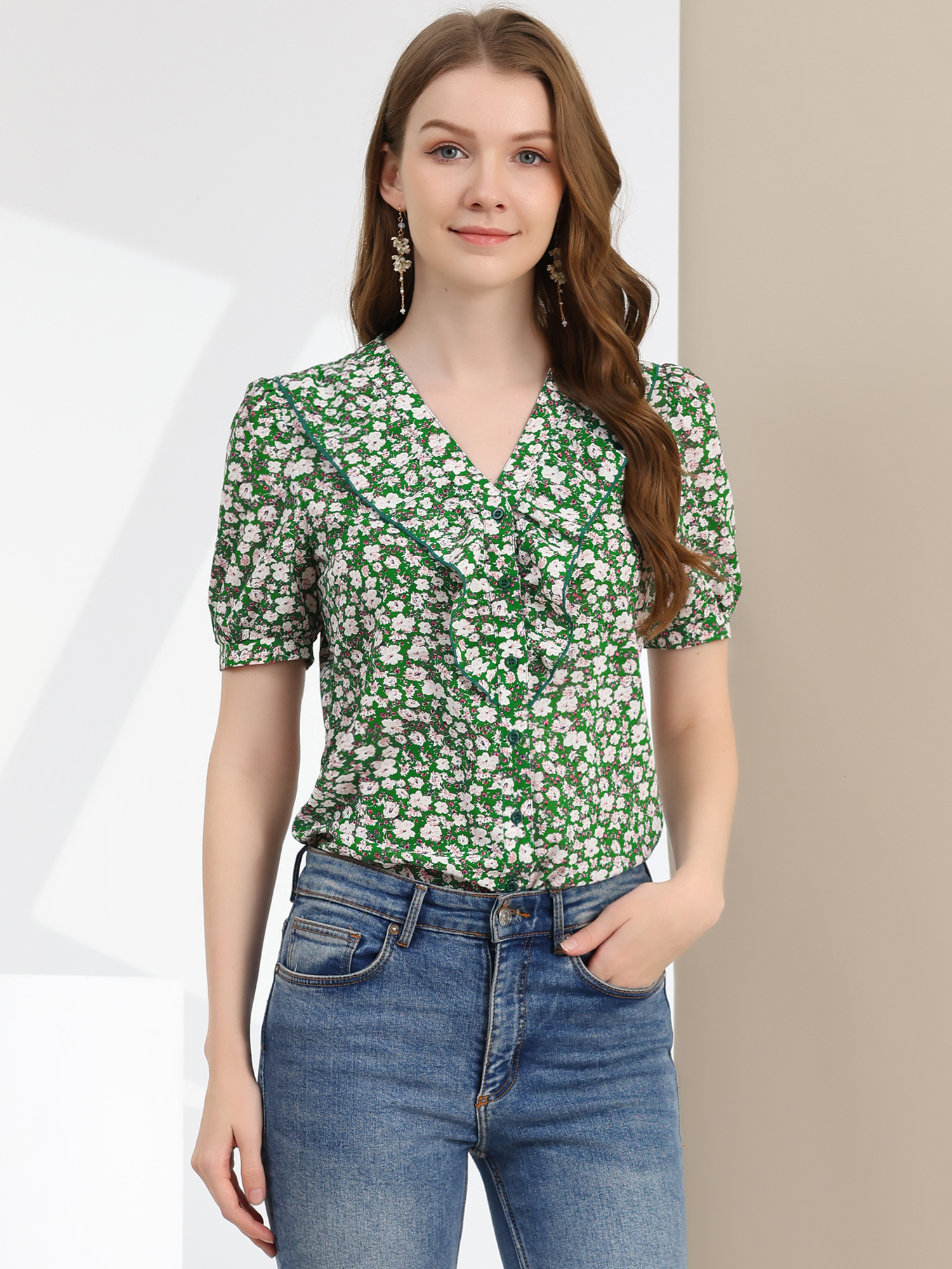 Summer Short Sleeve V Neck Ruffle Floral Button Down Shirt Top Green-White/M