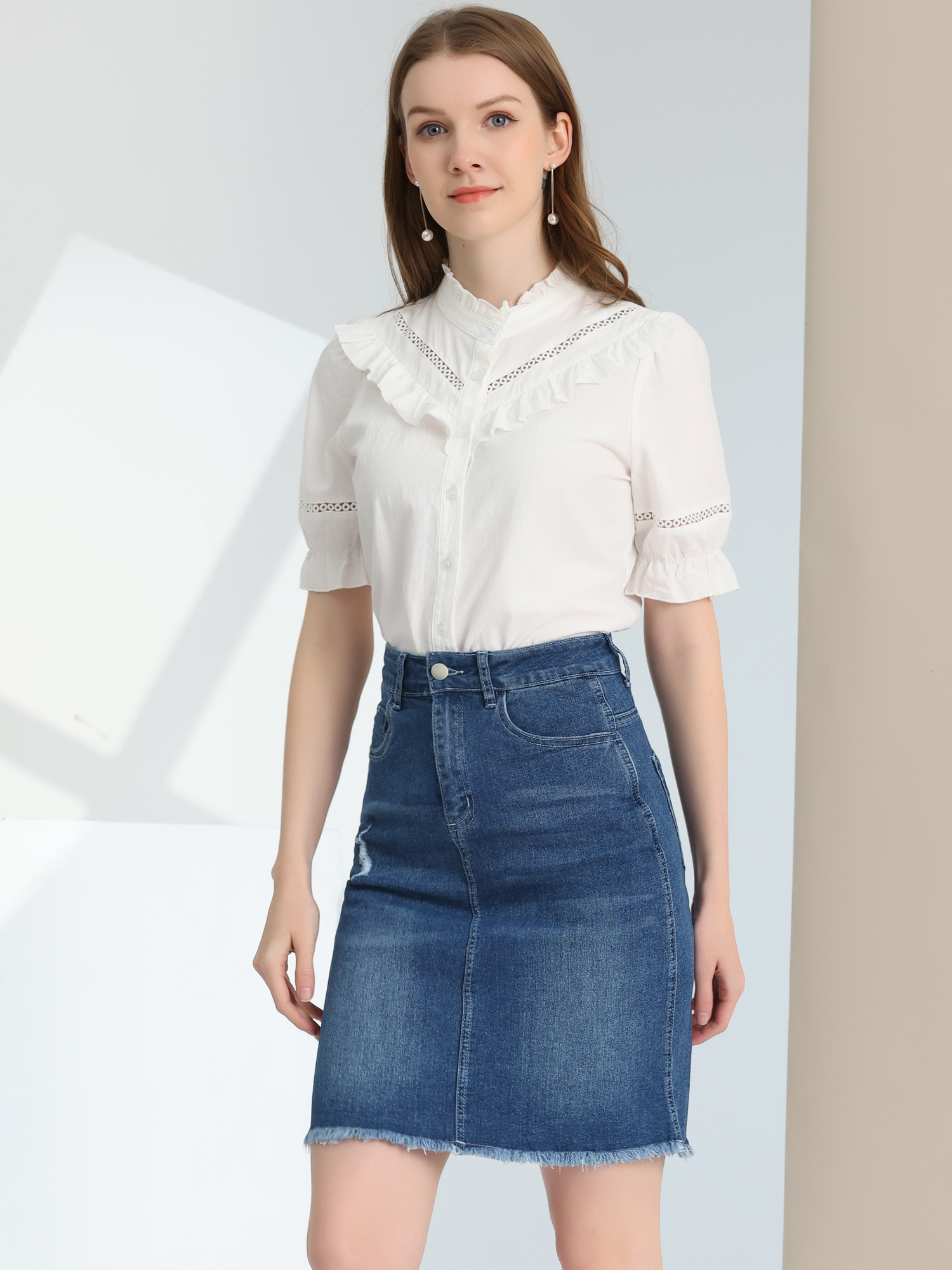 Basic Distressed High Waist Ripped Hem Washed Jeans Denim Skirt Vintage Blue/XS