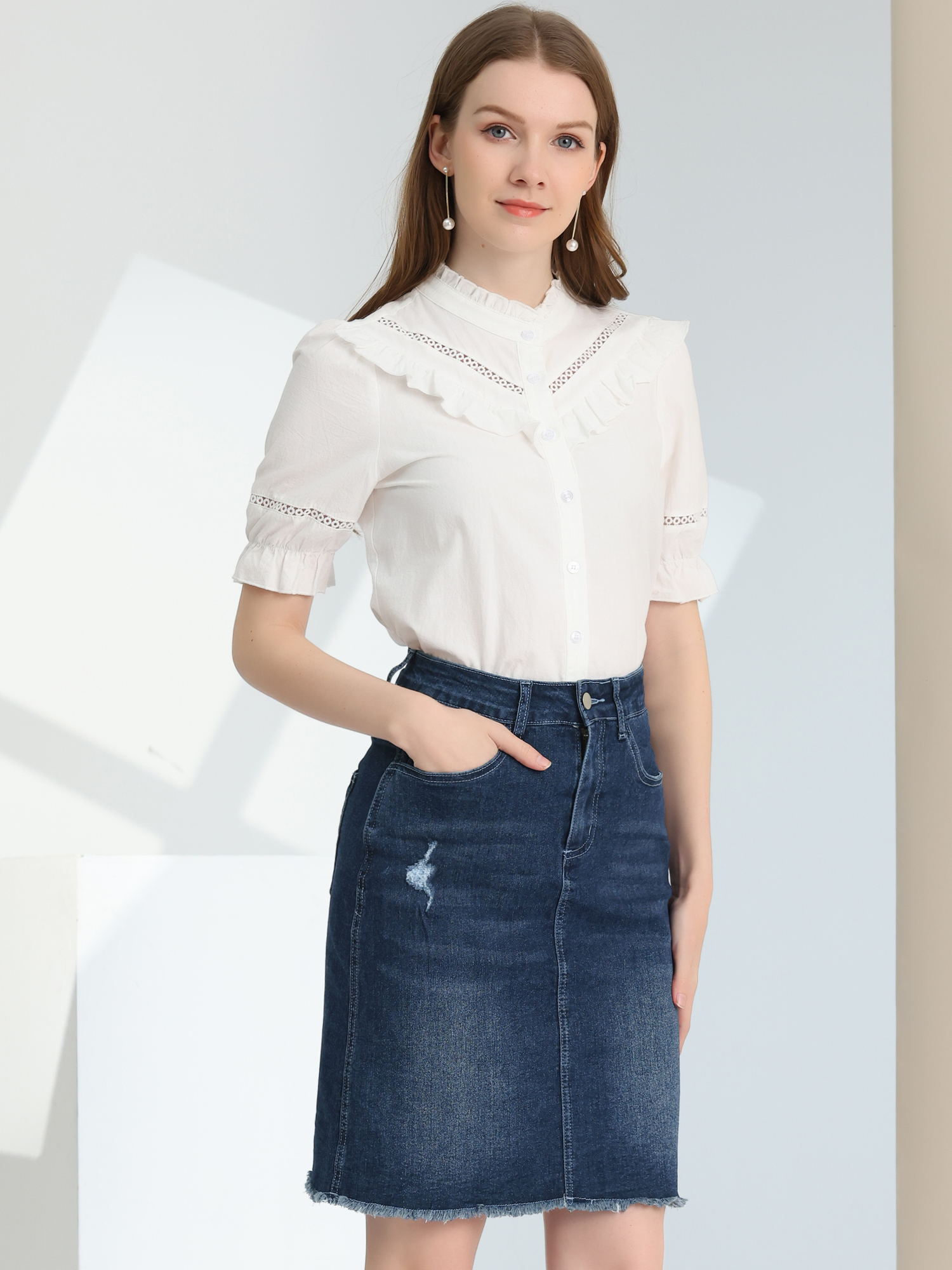 Basic Distressed High Waist Ripped Hem Washed Jeans Denim Skirt Deep Blue/XL