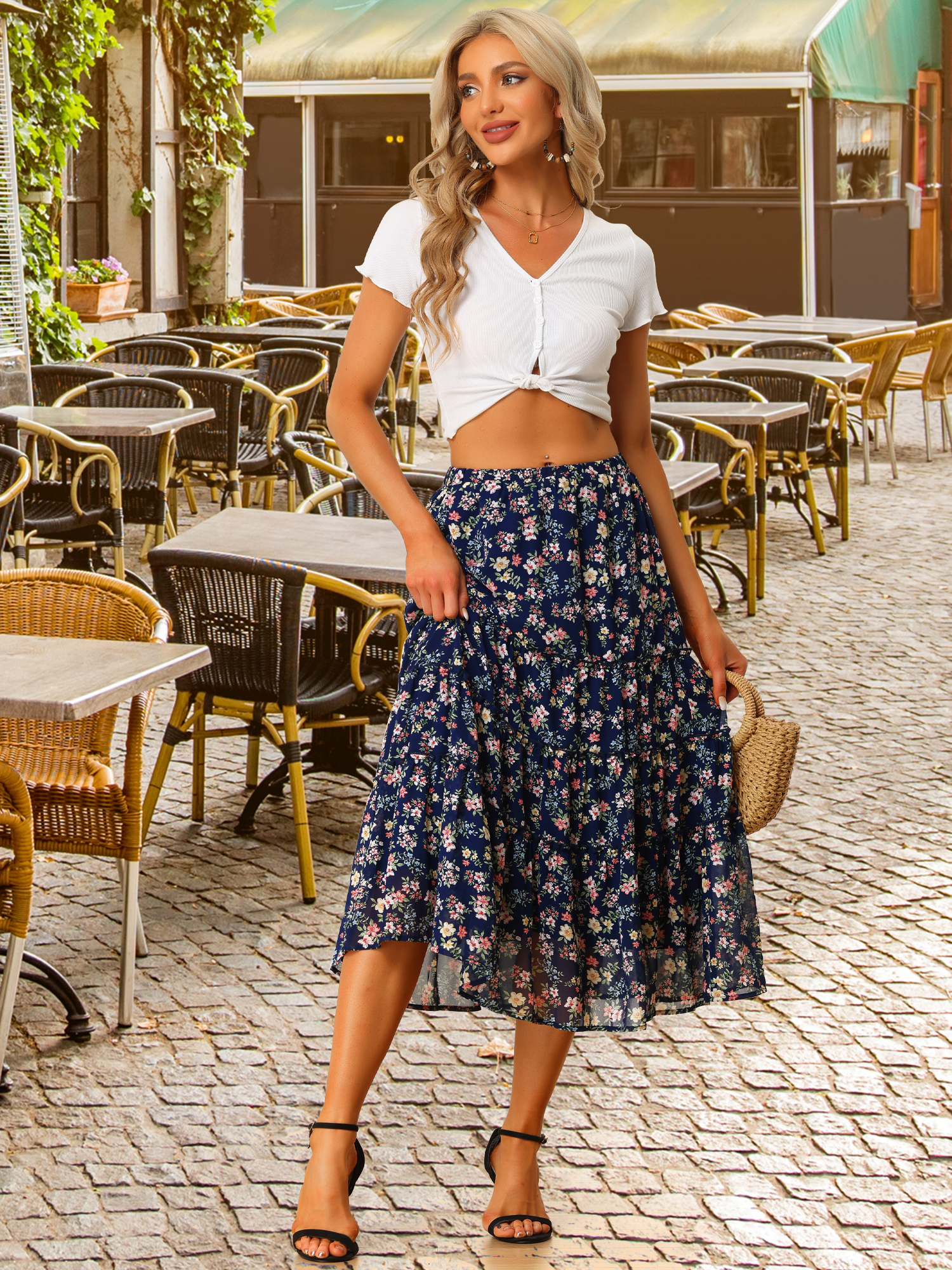 Ruffle Boho Chiffon Floral Printed Long Tiered Midi Skirt Navy Blue/L