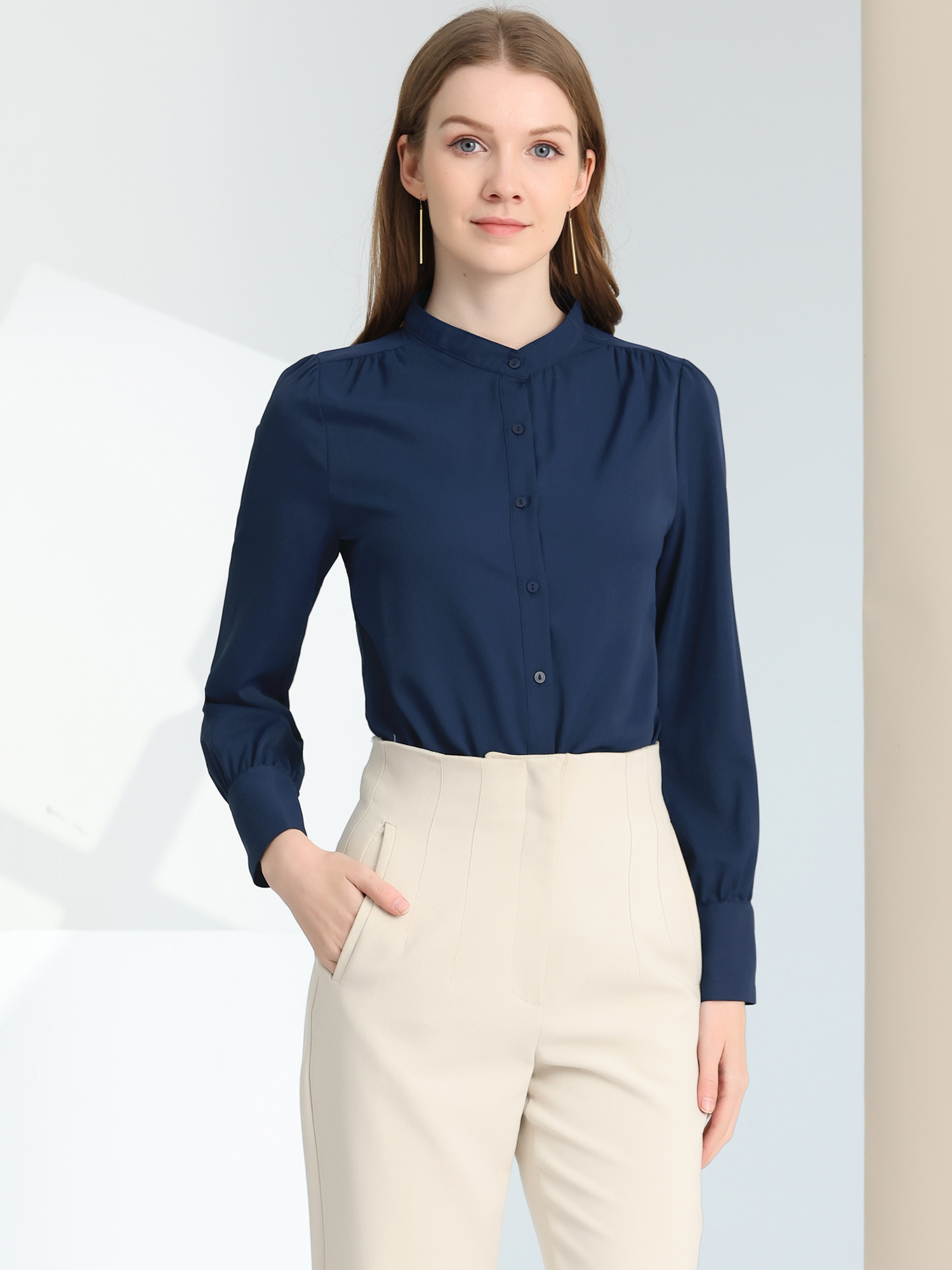 Mandarin Collar Long Sleeve Button Down Office Shirt Dark Blue/M