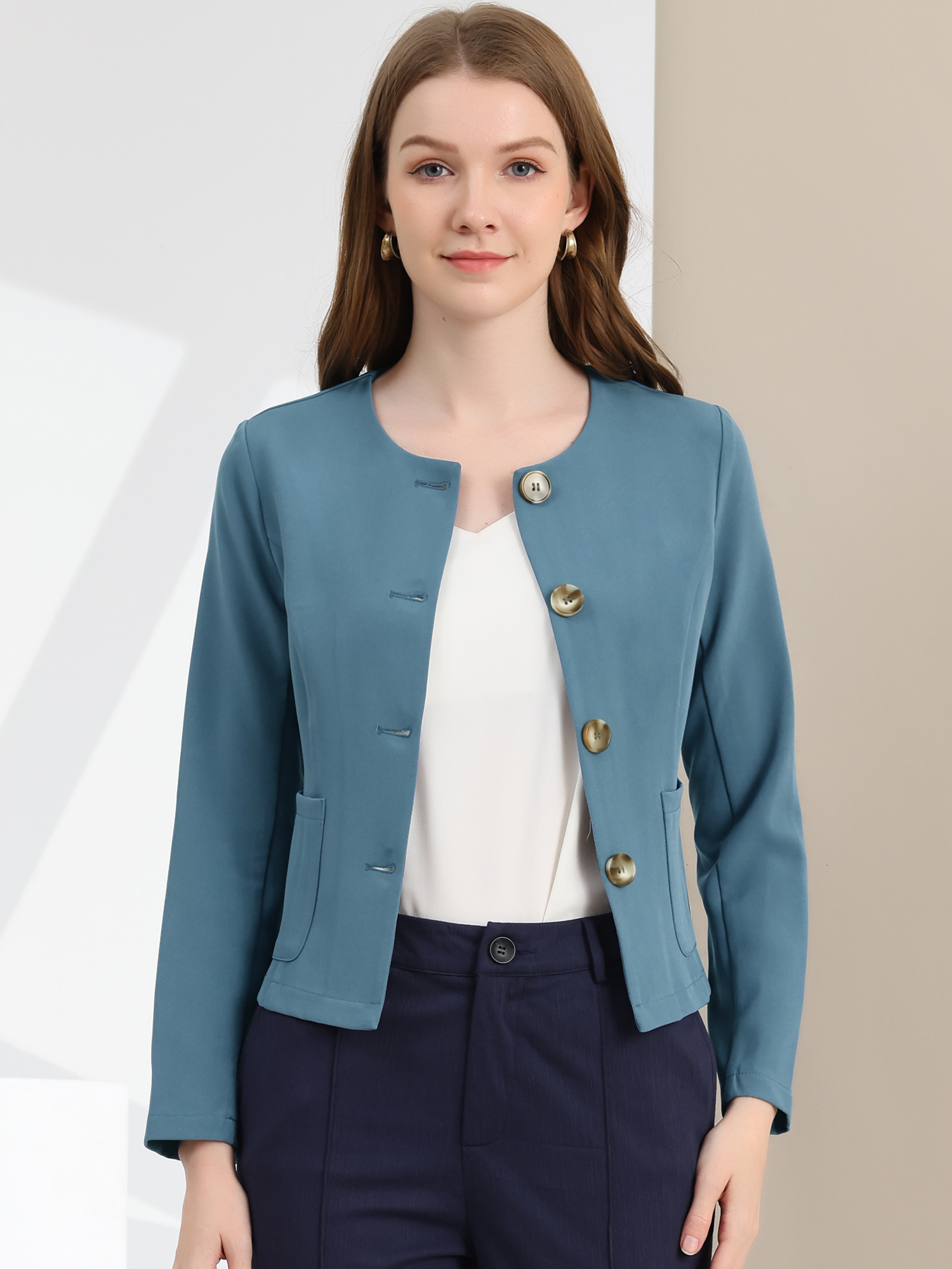 Fall Casual Jacket Elegant Button Front Work Office Blazer Blue/XS