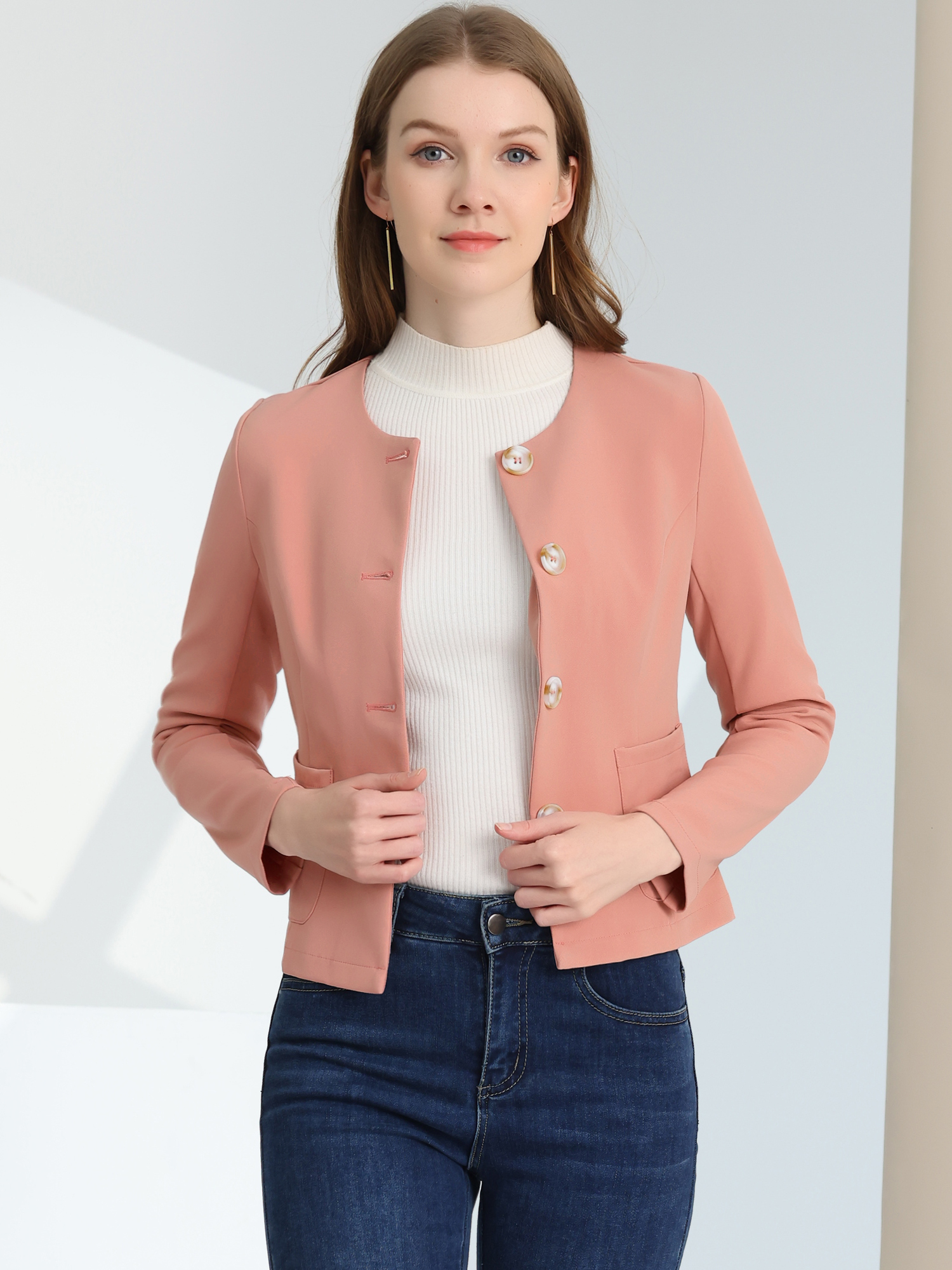 Fall Casual Jacket Elegant Button Front Work Office Blazer Pink/XL