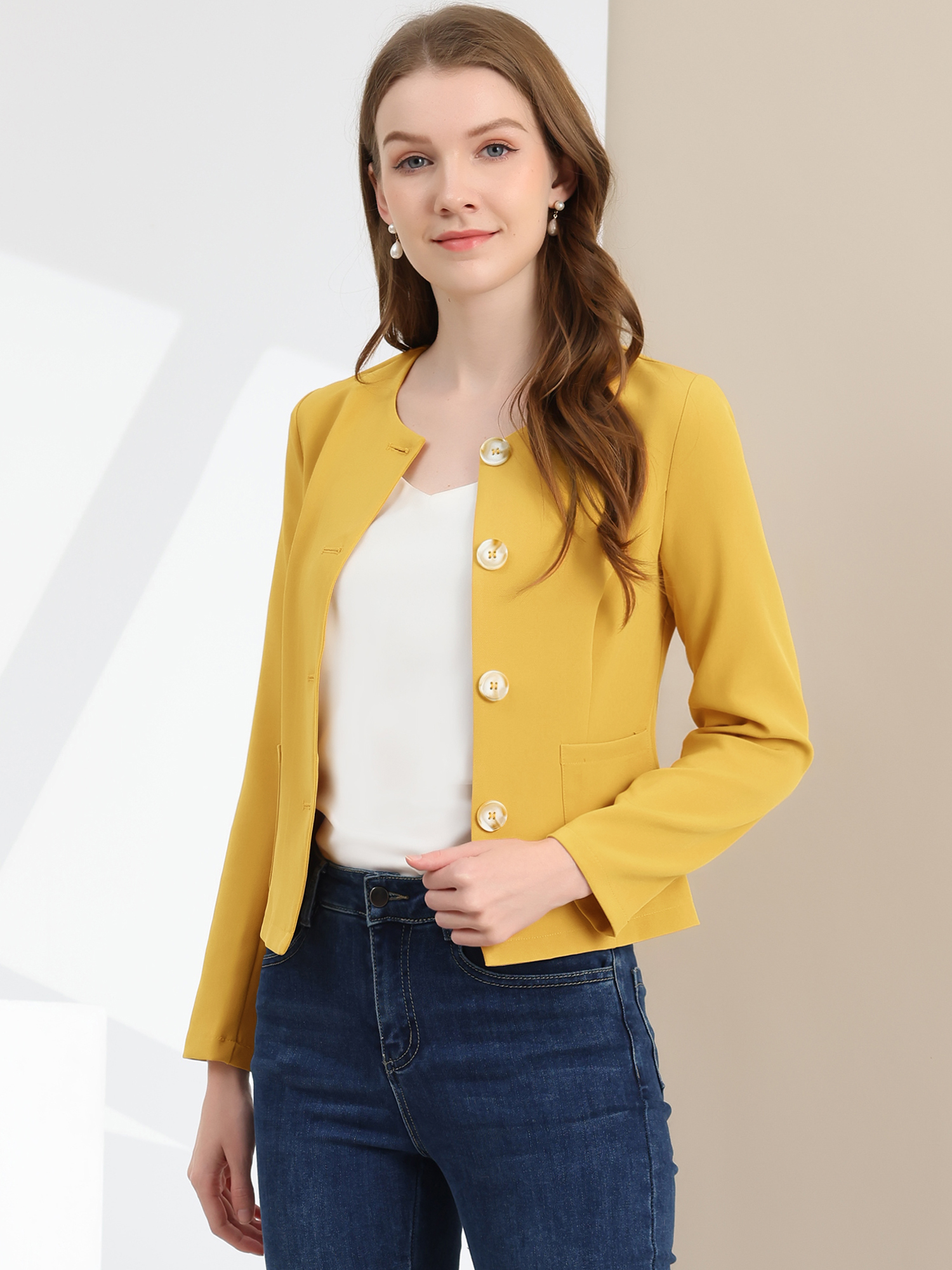 Fall Casual Jacket Elegant Button Front Work Office Blazer Yellow/XS