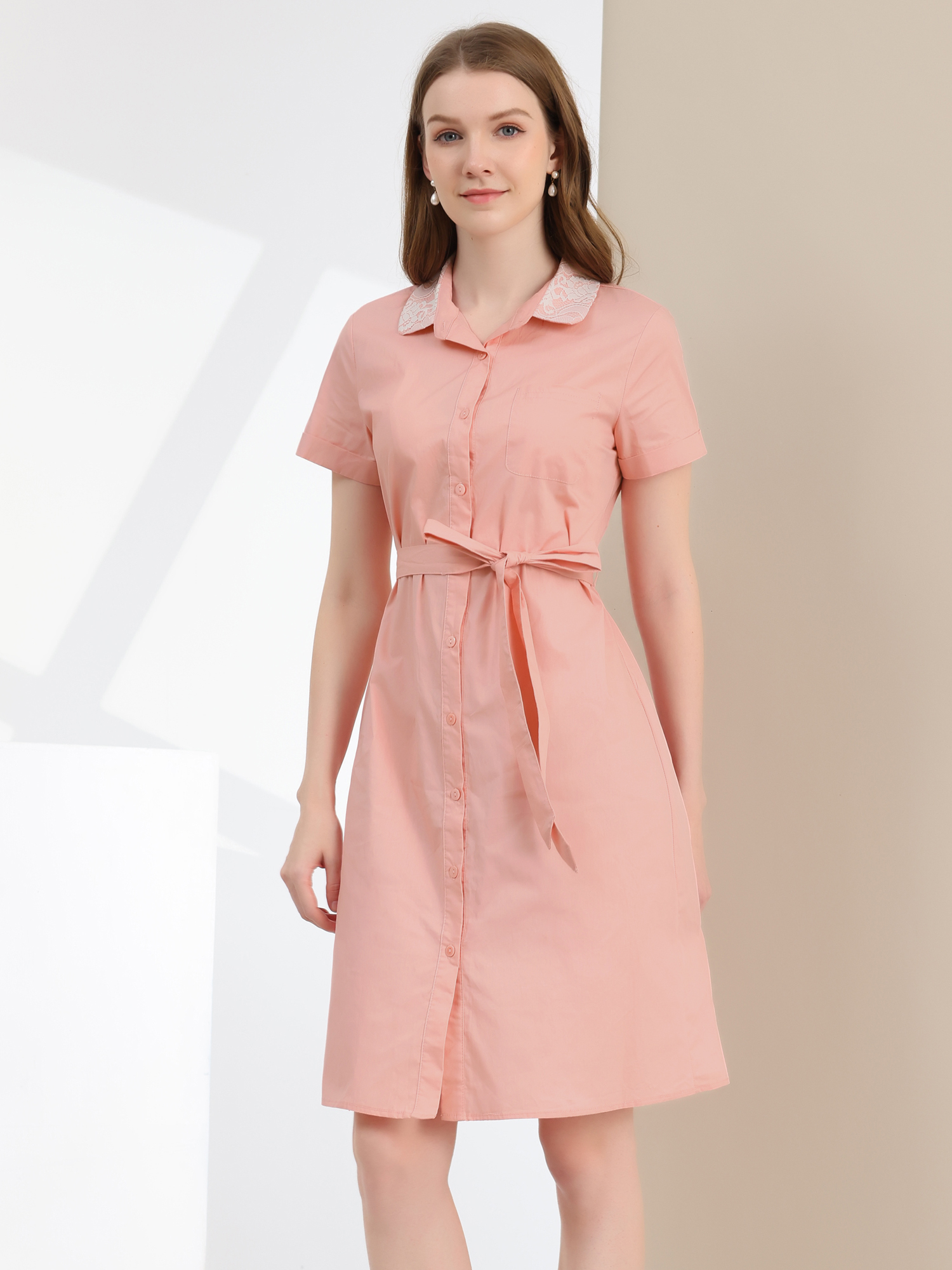 Peter Pan Collar Shift Button-Down Bow Tie Waist Cotton Dress Pink/M