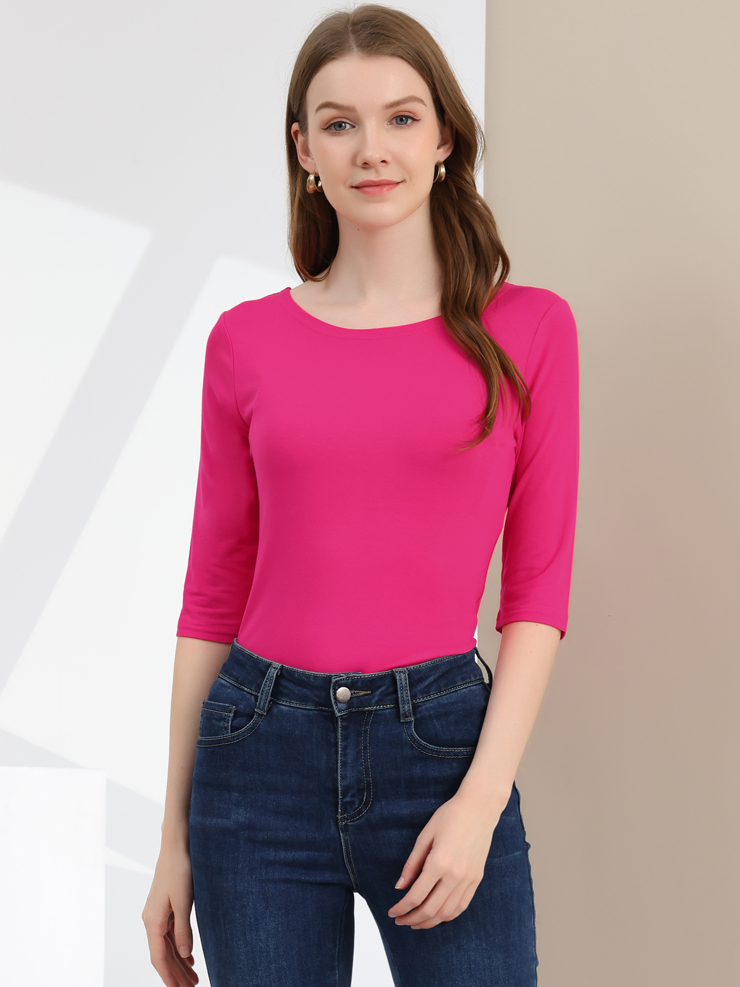 Casual Basic Boat Neck 3/4 Sleeve Solid T-shirt Rose Red/XL