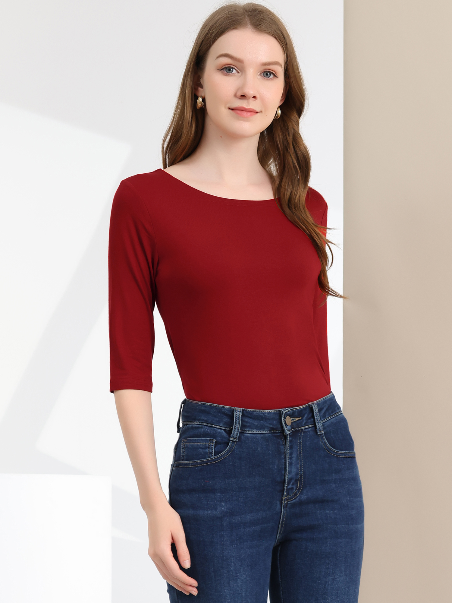 Casual Boat Neck 3/4 Sleeve Solid Basic T-shirt Wine Red/L