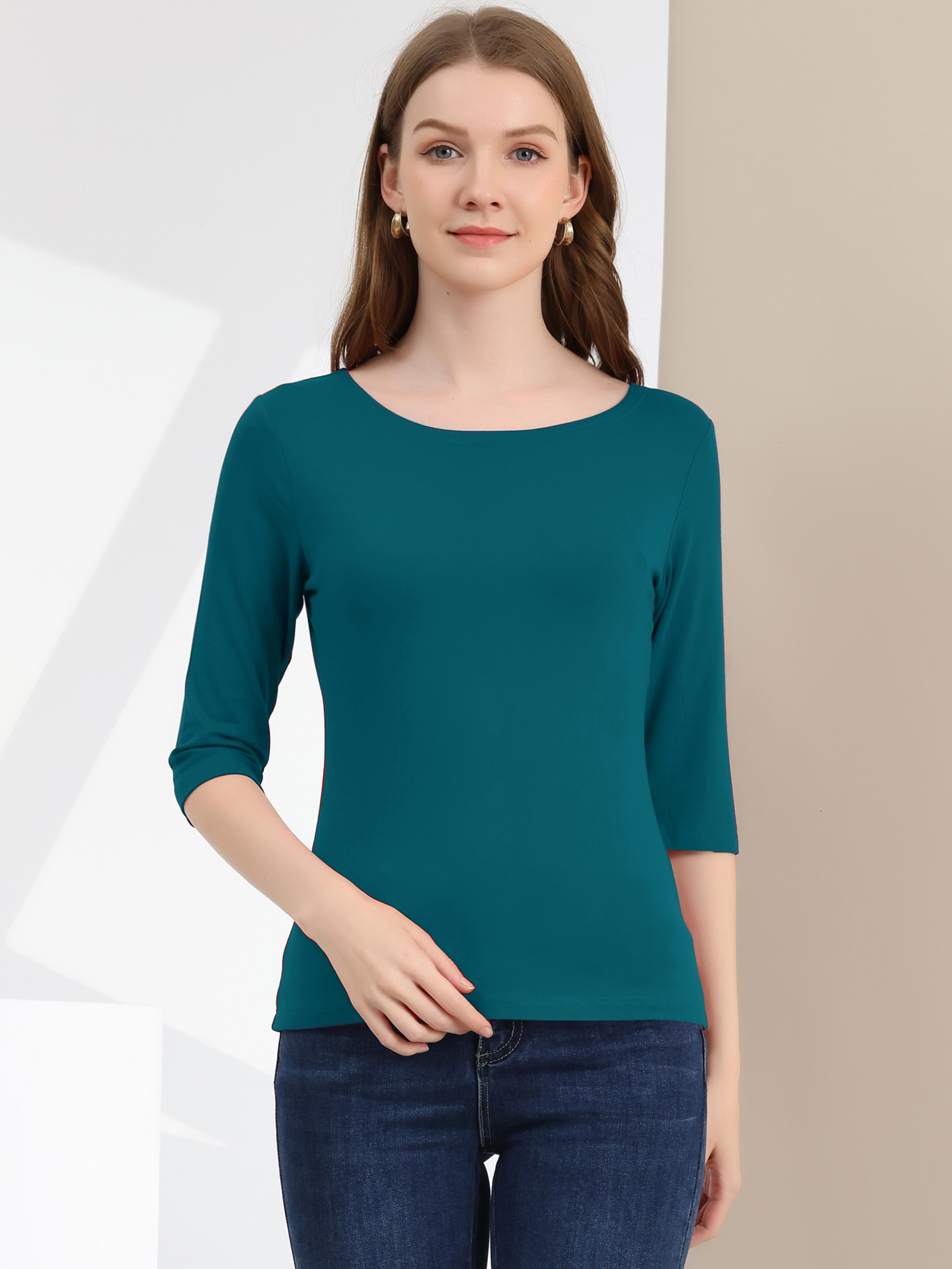 Casual Basic Boat Neck 3/4 Sleeve Solid T-shirt Peacock Blue/M