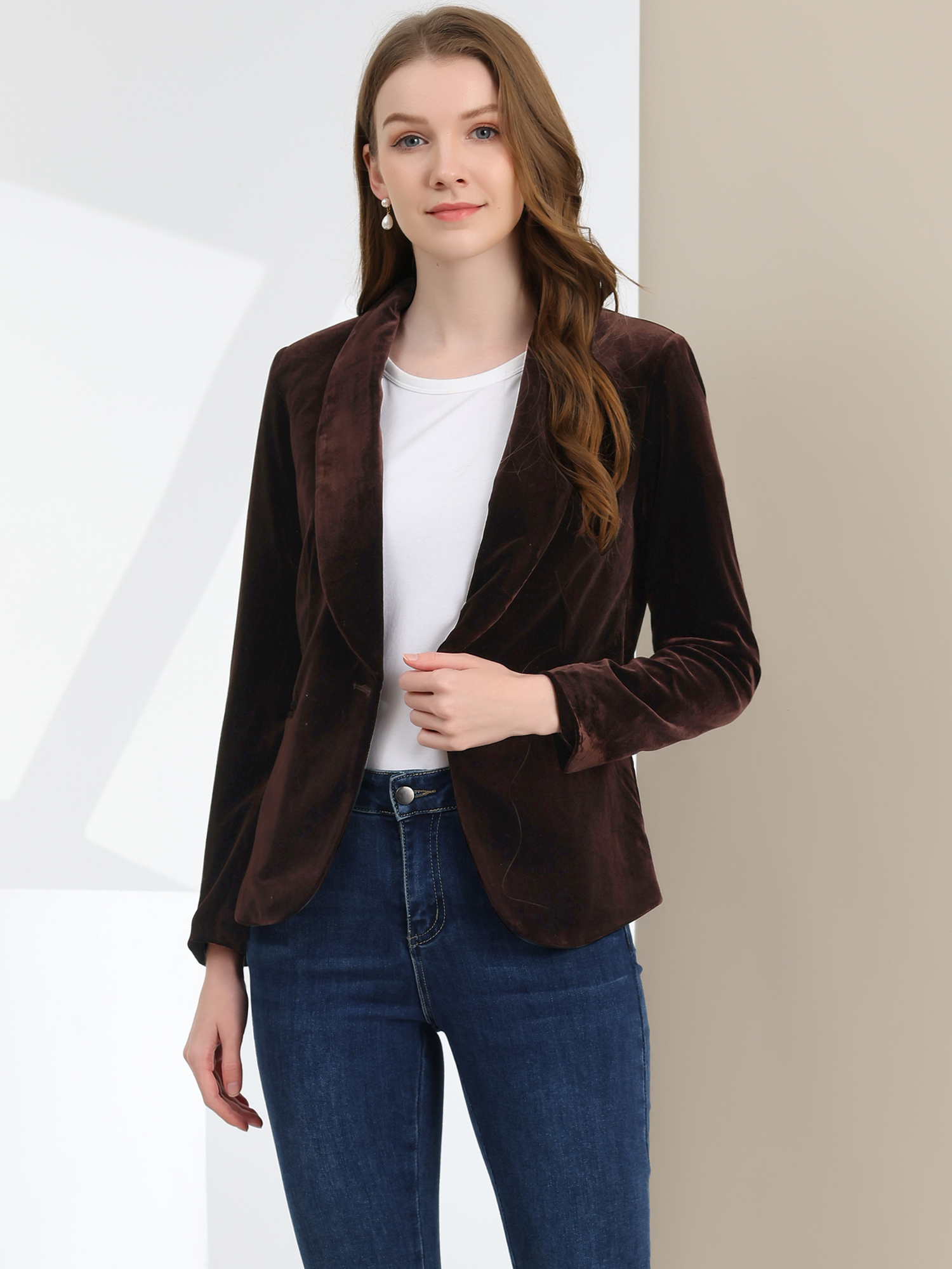 Solid Shawl Collar Single Button Velvet Blazer Deep Brown/XS