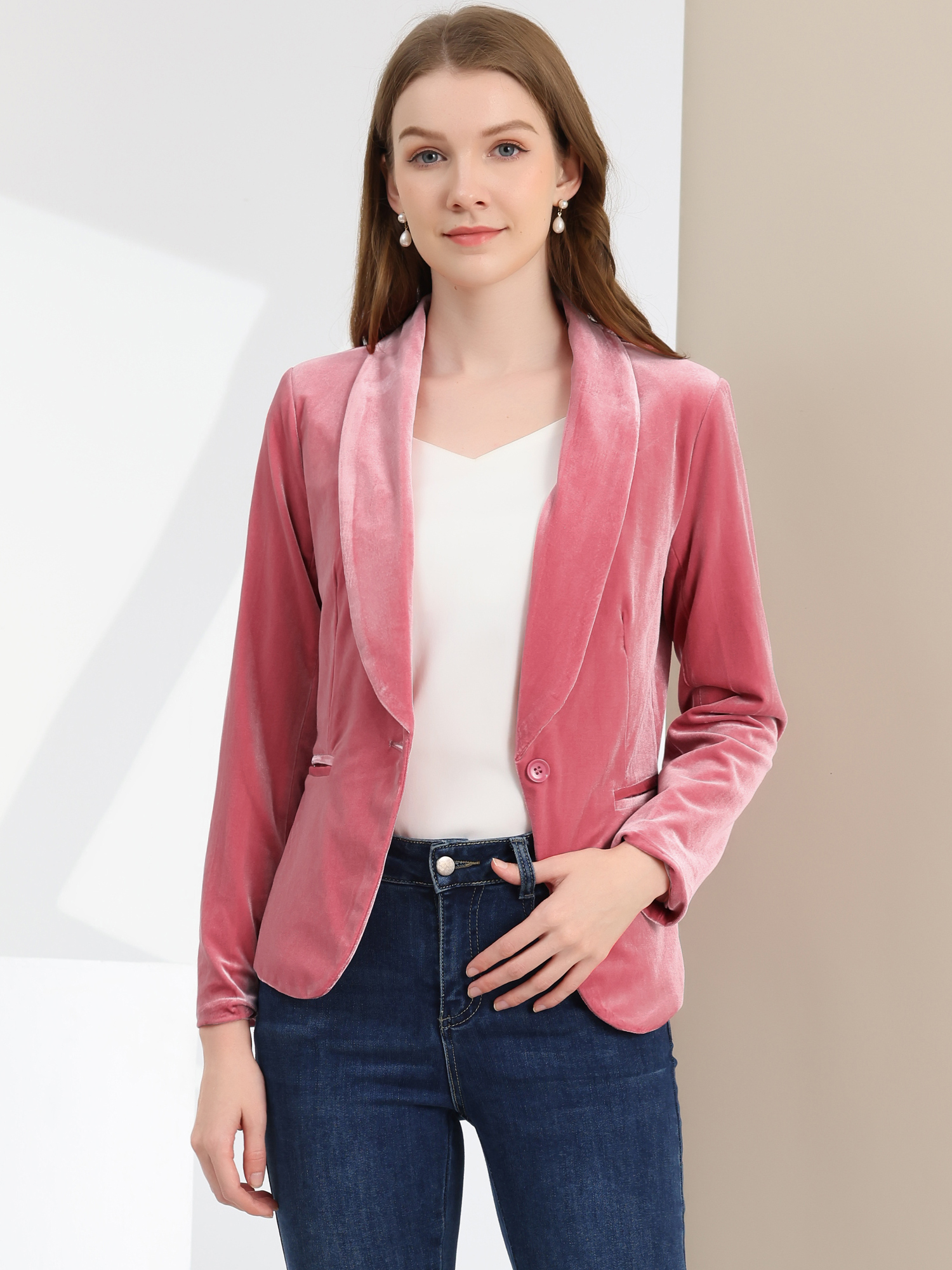 Shawl Collar Single Button Velvet Solid Office Work Jacket Blazer Pink/L