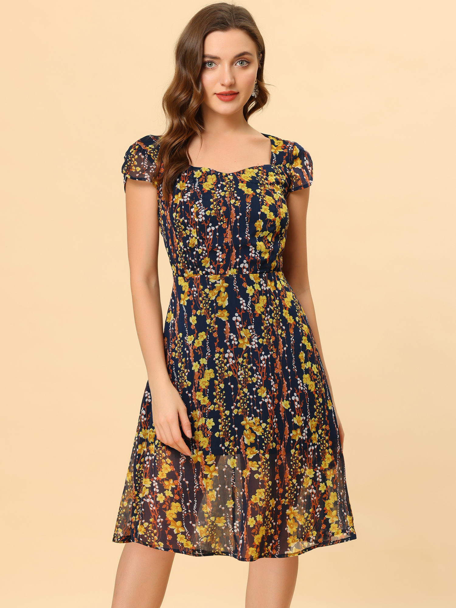 Smocked Sweetheart Cap Sleeve Cinched Floral Chiffon Midi Dress Dark Blue/M