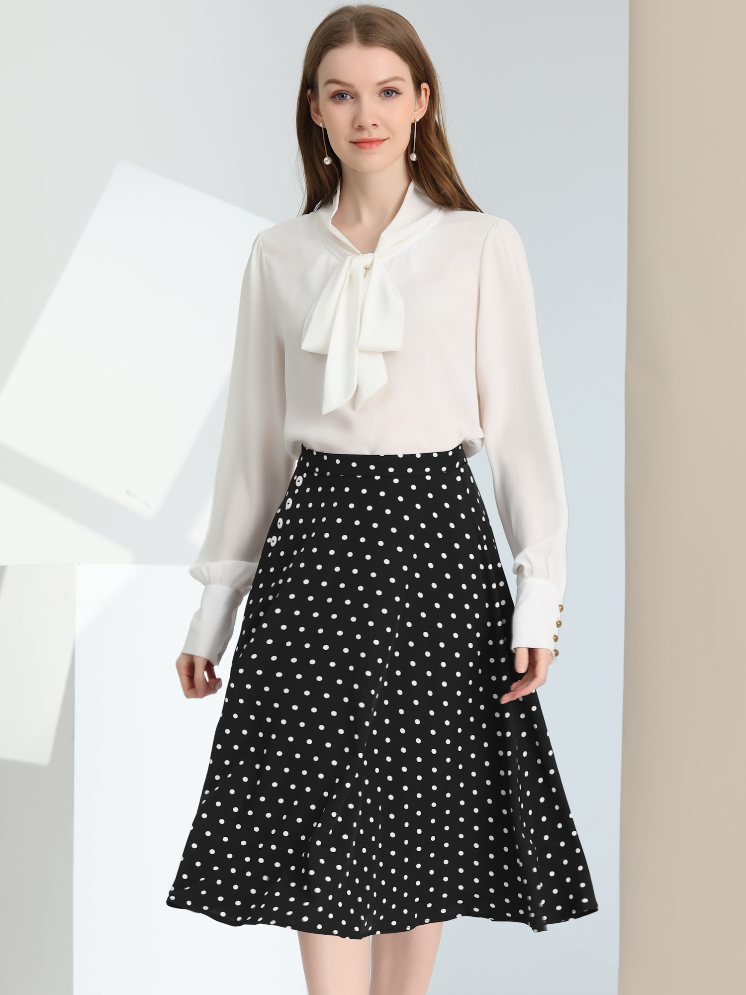 Retro Polka Dot Elastic Waist Vintage A-Line Midi Skirt Black-Dots/S