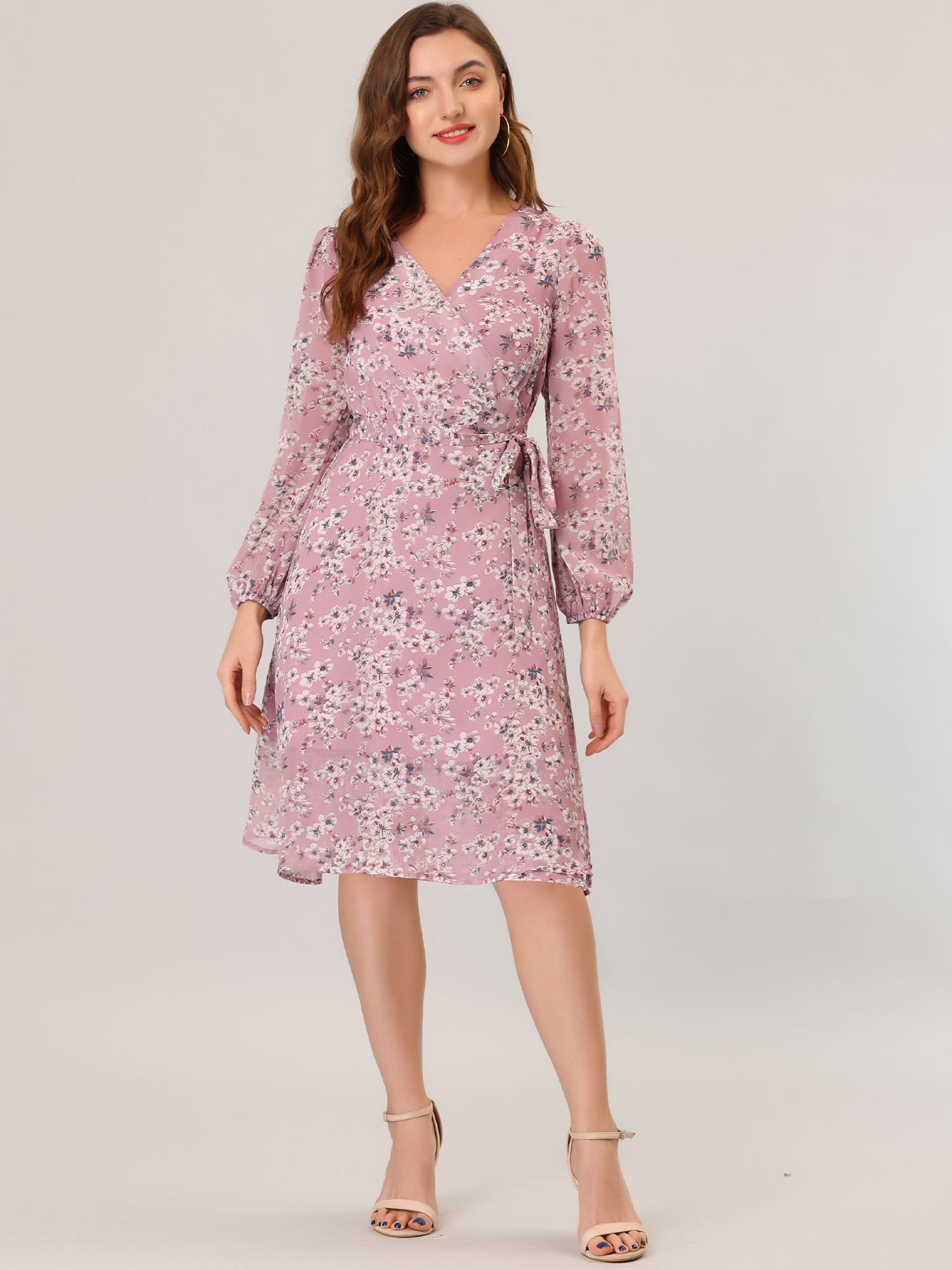 Chiffon Floral V Neck Tie Waist Bishop Sleeve Casual Wrap Midi Dress Pink/XS
