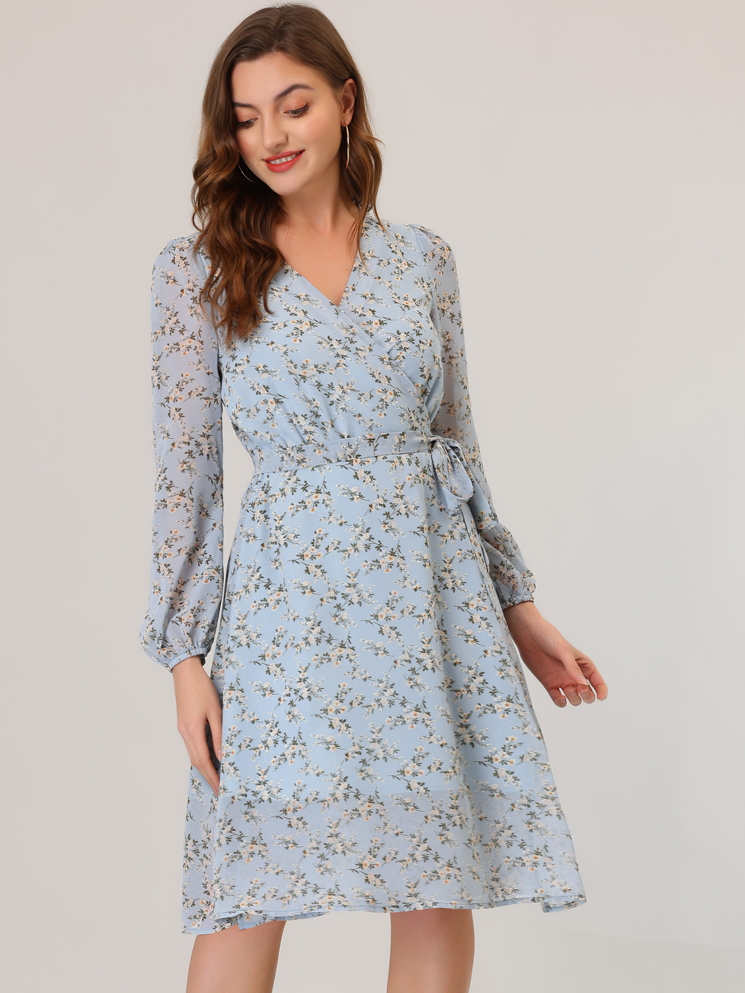 Chiffon Floral V Neck Tie Waist Bishop Sleeve Casual Wrap Midi Dress Light Blue/L
