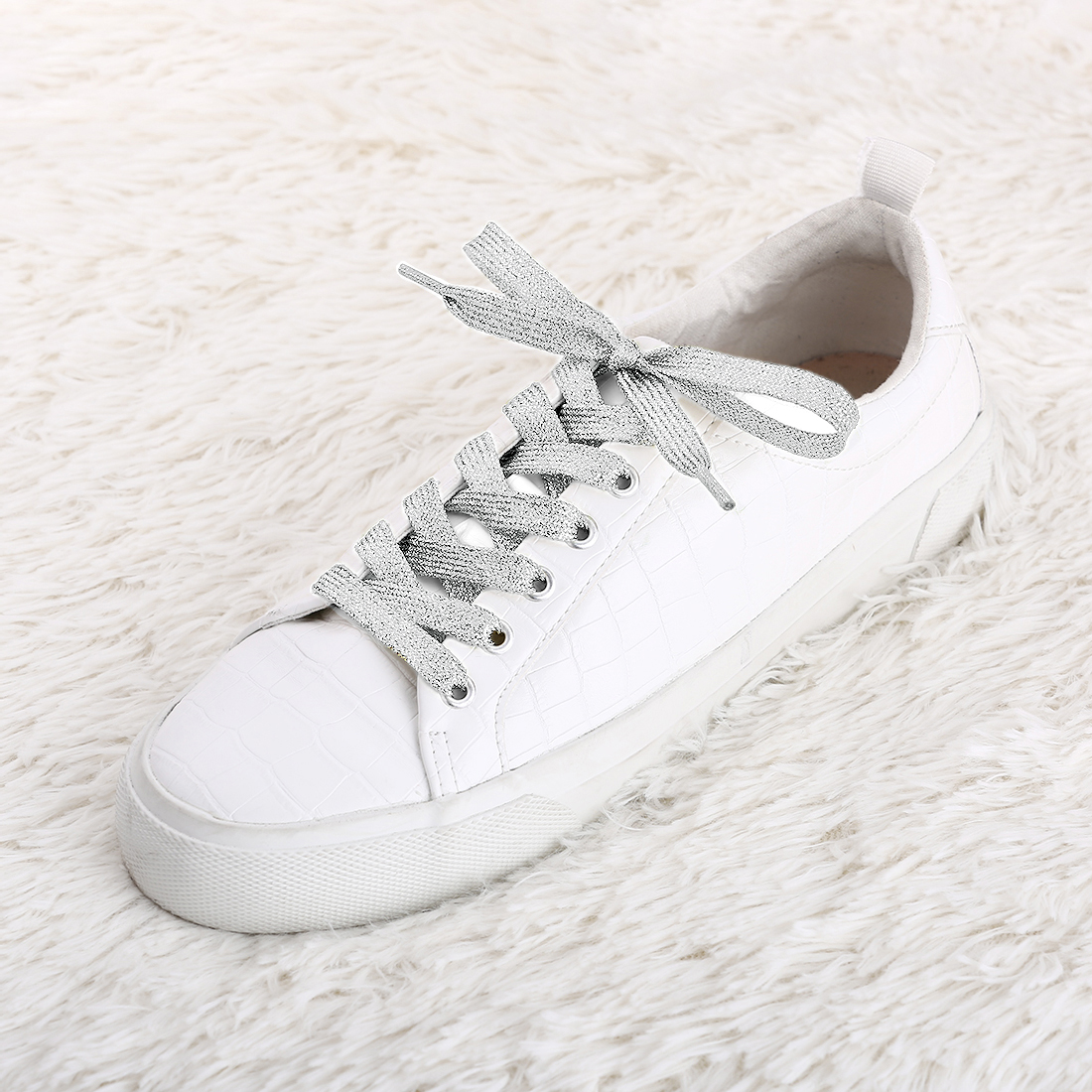 Glitter Metallic Shiny Flat Sneakers Shoelace Strings Silver/170cm/66.93"