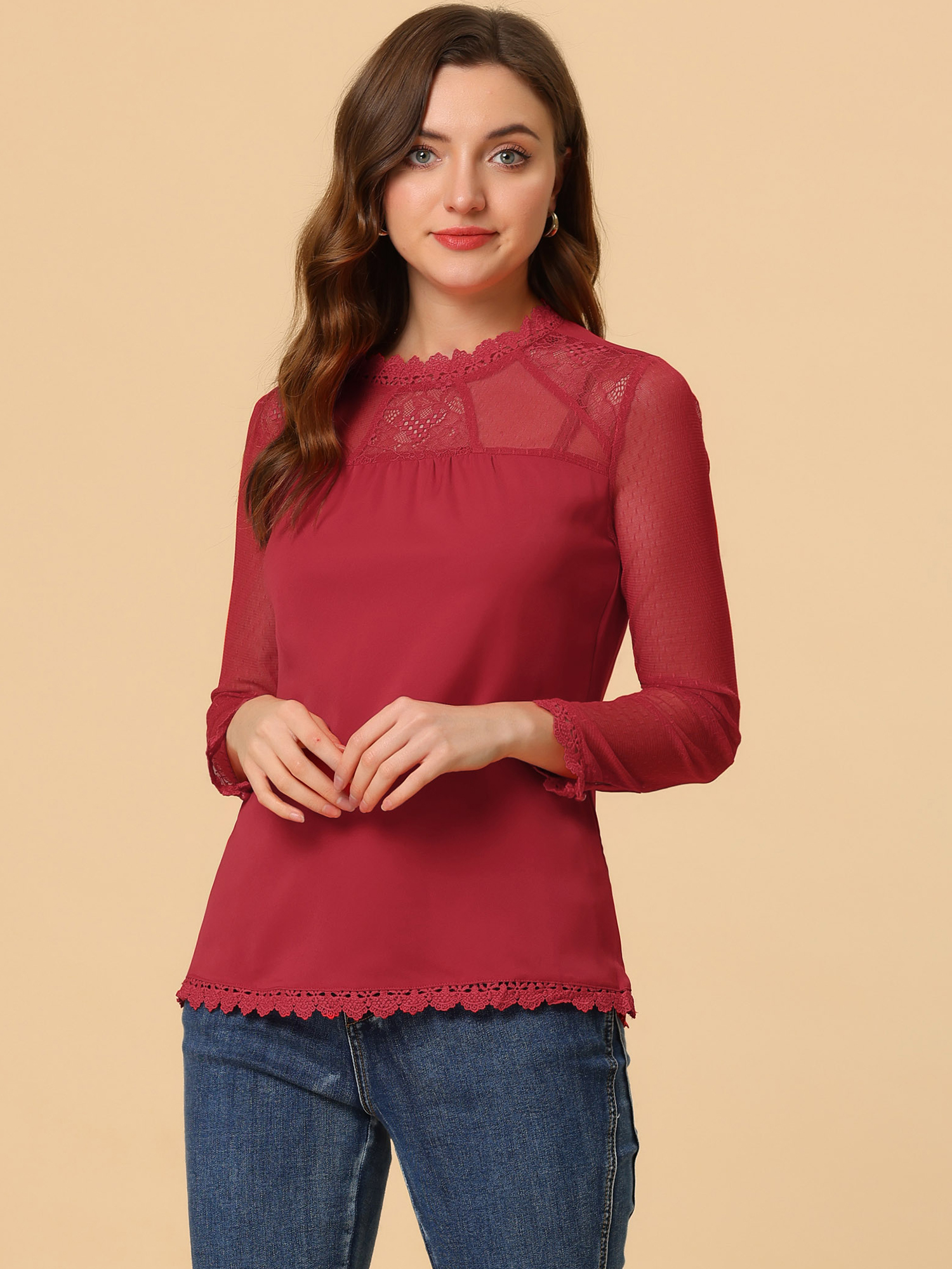 Lace Mesh Long Sleeve Round Neck Casual Elegant Blouse Red/M