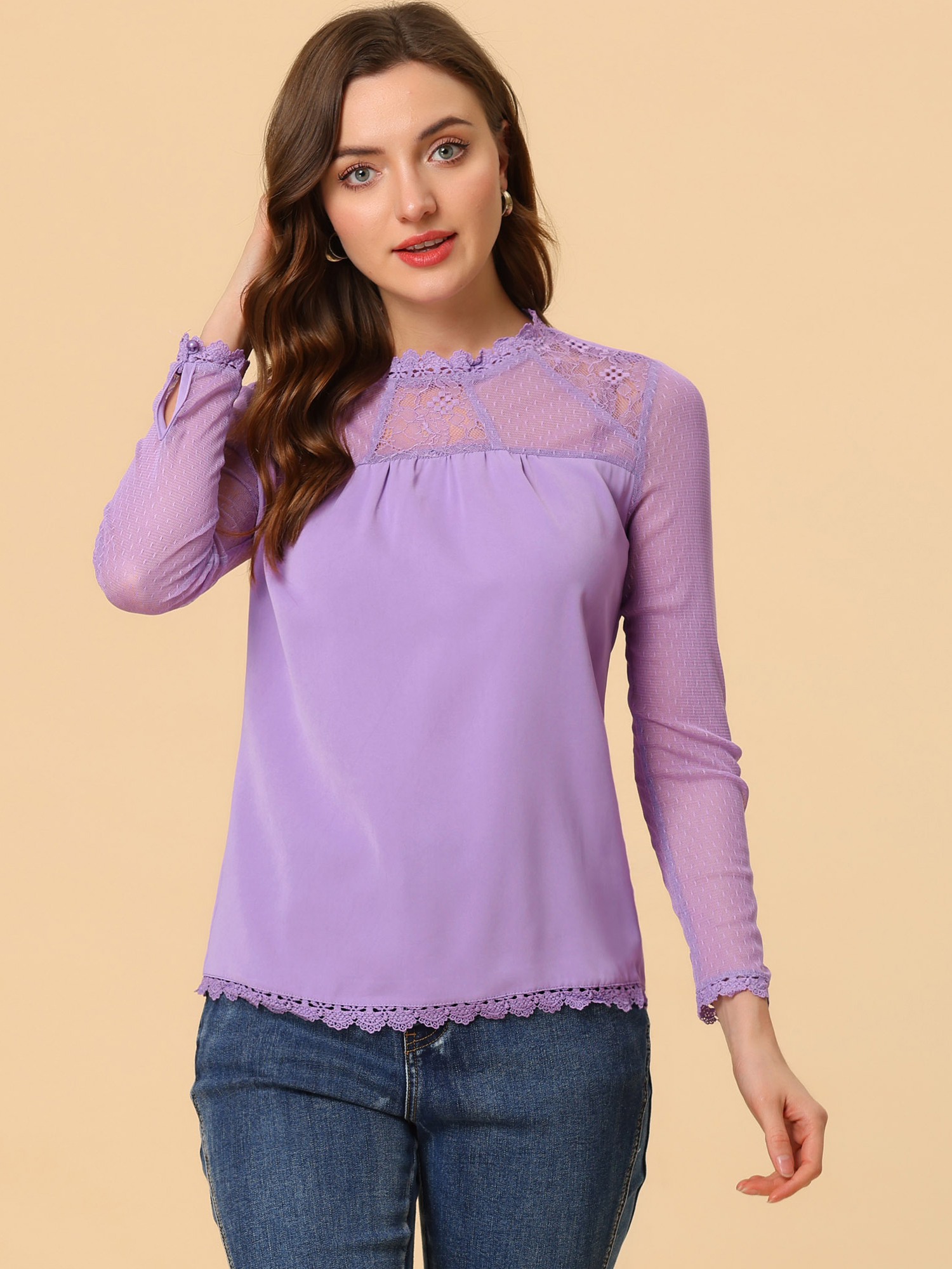 Lace Mesh Long Sleeve Top Round Neck Casual Elegant Blouse Purple/S