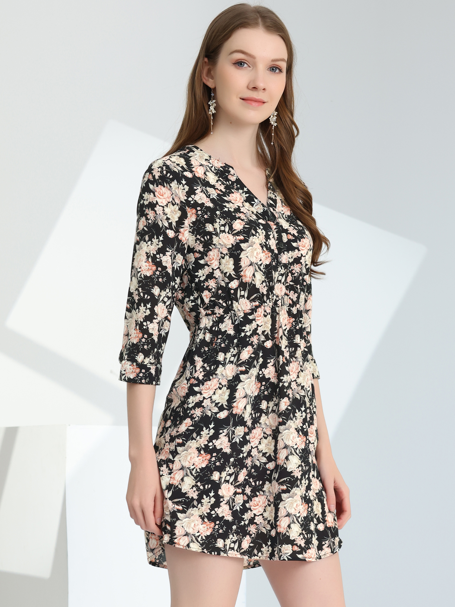 Button-Up V Neck 3/4 Sleeve Floral T-Shirt Dress with Pockets Black-Big Flower/S