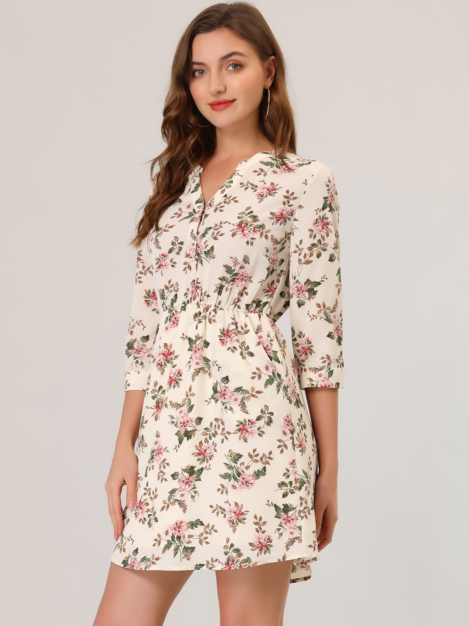 Button-Up V Neck 3/4 Sleeve Floral T-Shirt Dress with Pockets Apricot/S
