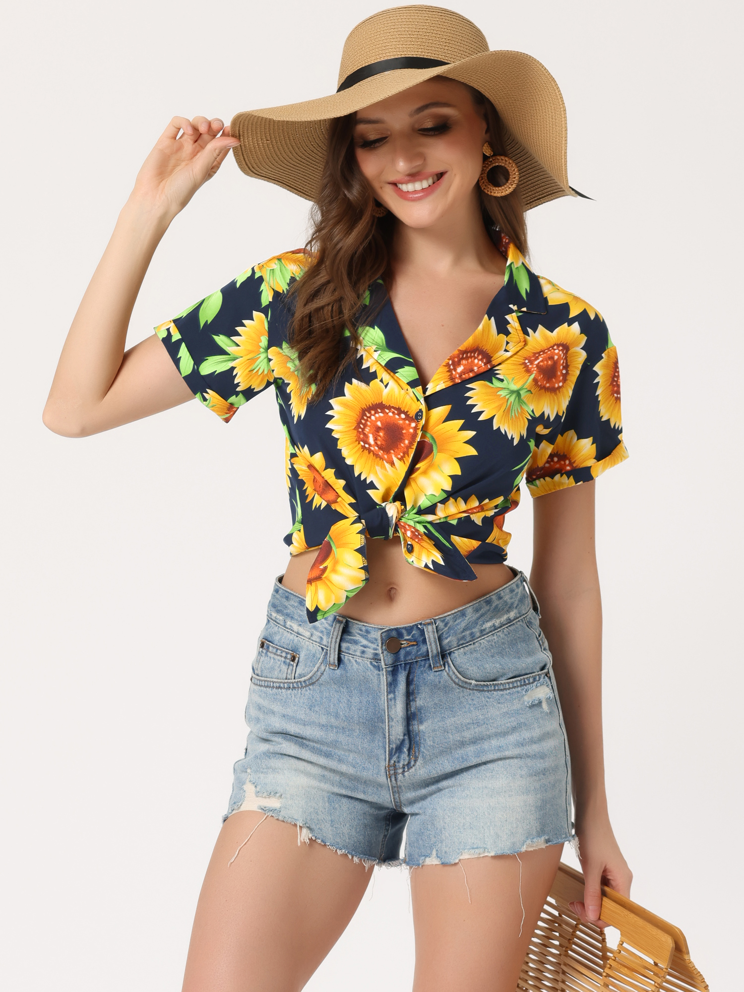 Hawaiian Floral Leaves Tropical Button Down Shirt Black Sunflower/M
