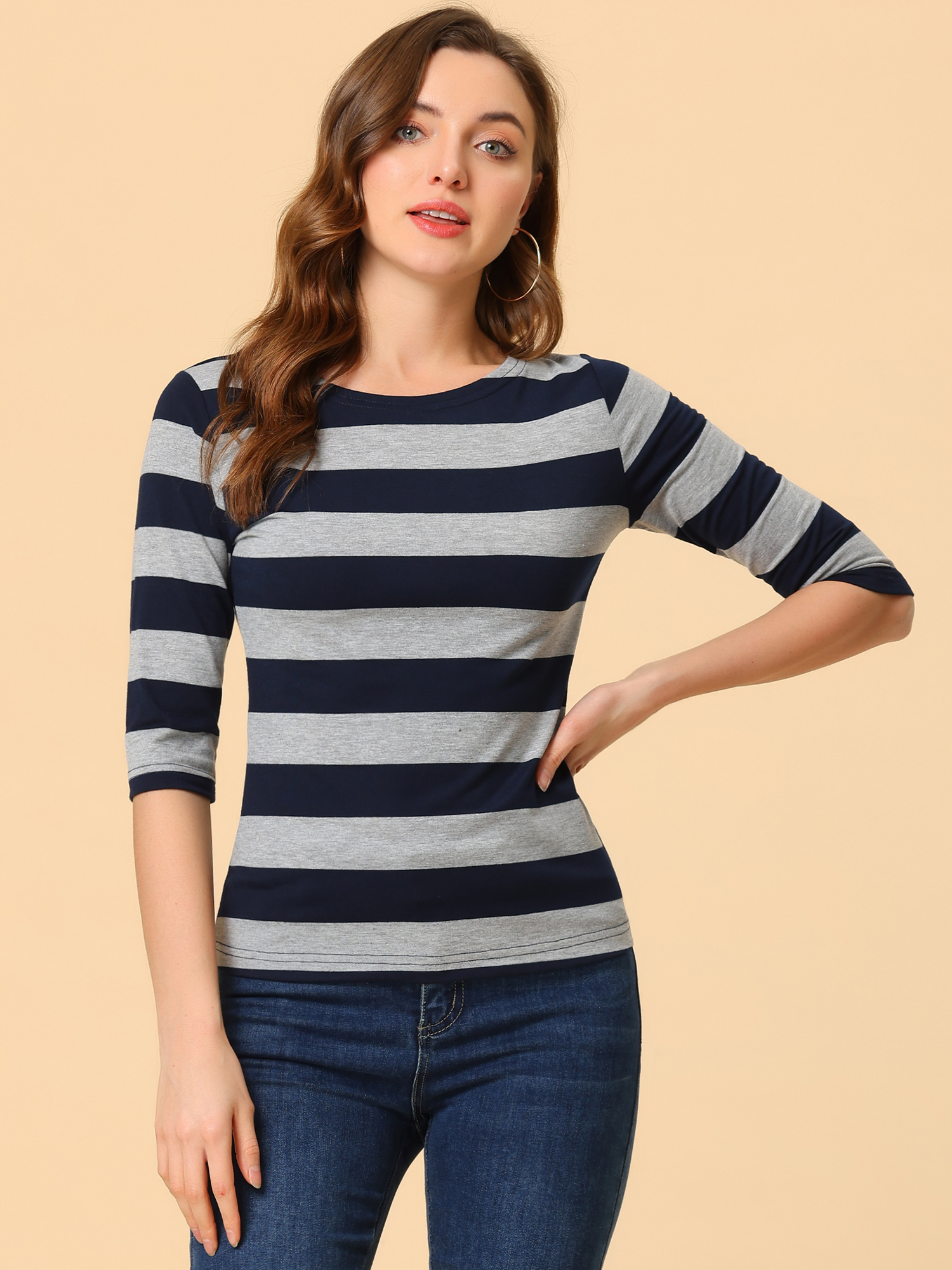 Halloween 3/4 Sleeve T-shirt Casual Boat Neck Slim Fit Tee Navy Gray/M
