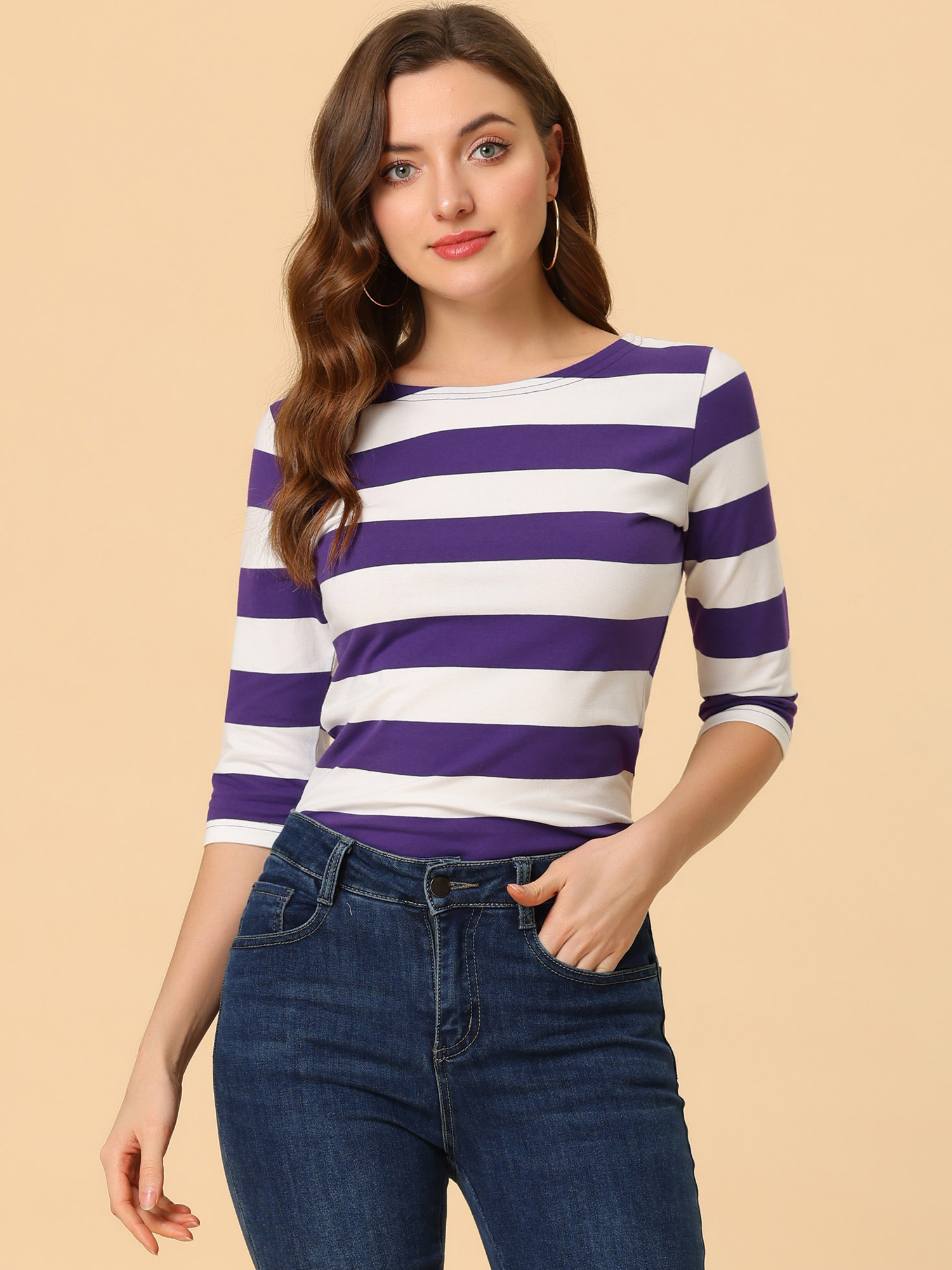 Halloween 3/4 Sleeve T-shirt Casual Boat Neck Slim Fit Tee Purple White/XS
