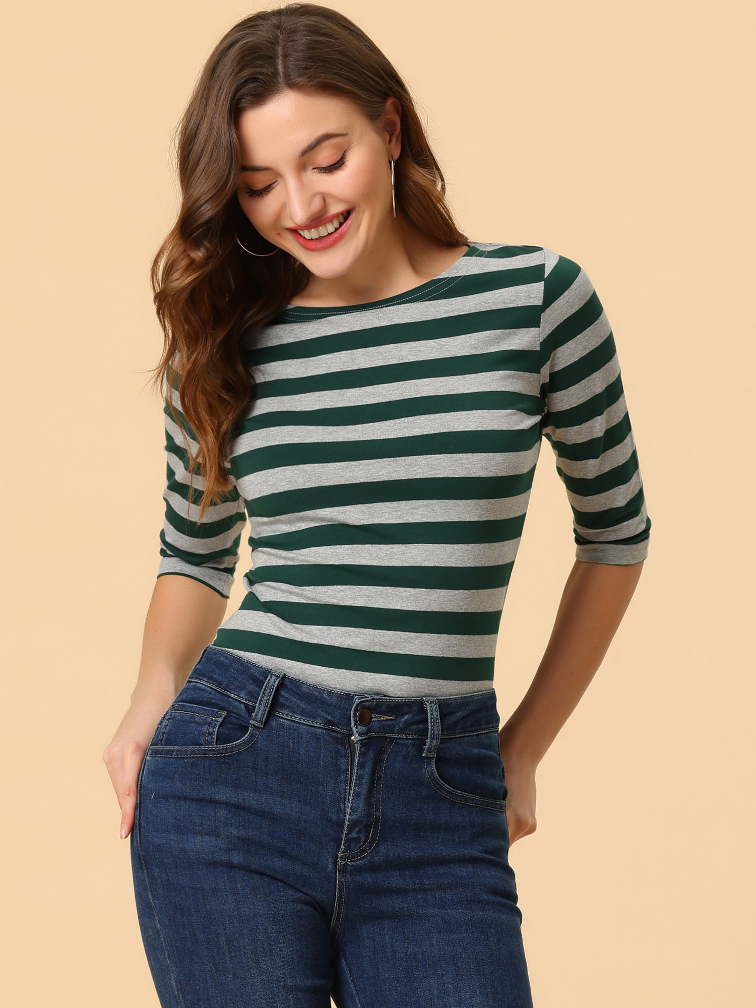 Halloween 3/4 Sleeve T-shirt Casual Boat Neck Slim Fit Tee Green Gray/M