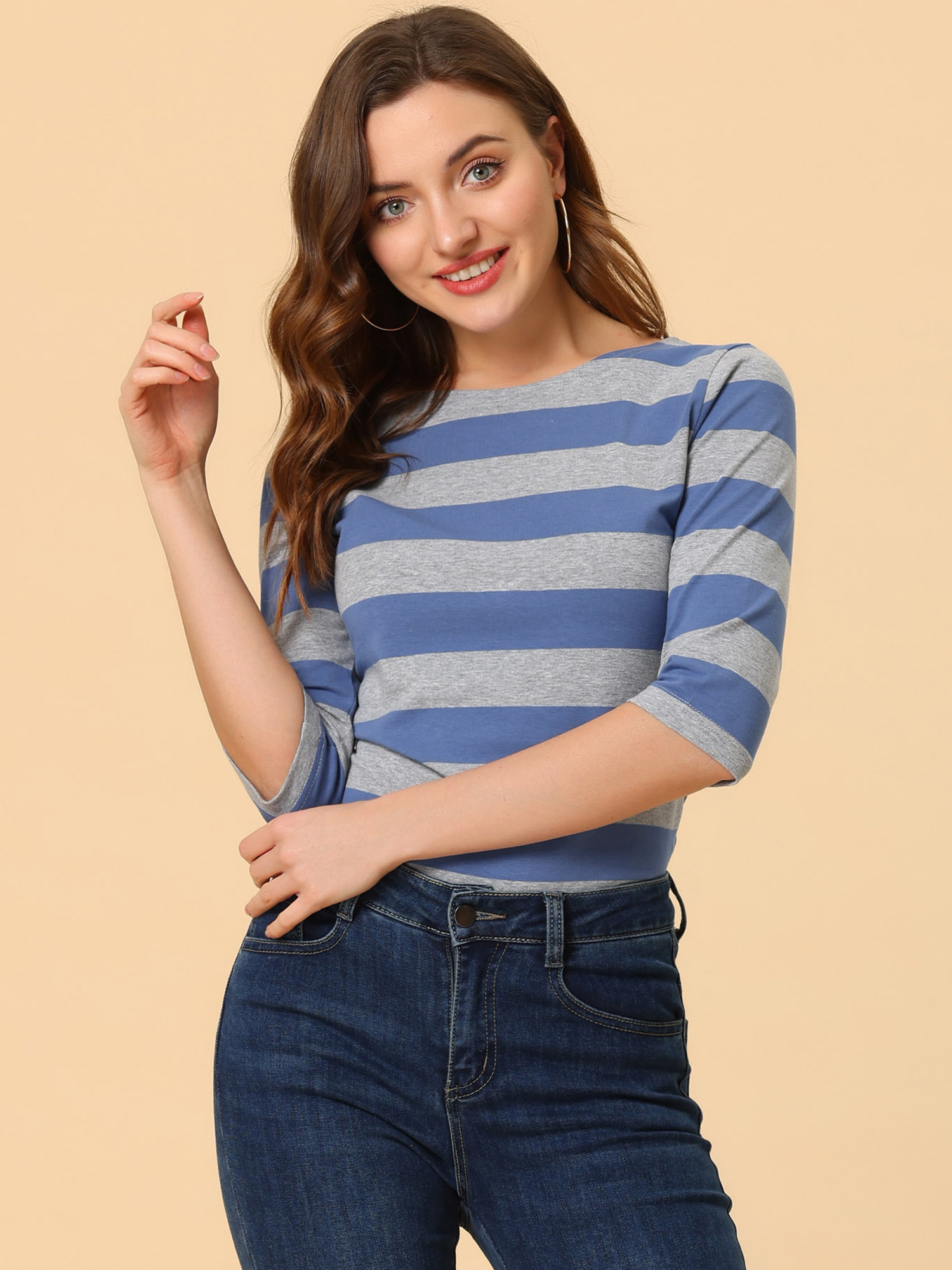 Halloween 3/4 Sleeve T-shirt Casual Boat Neck Slim Fit Tee Gray Blue/XL