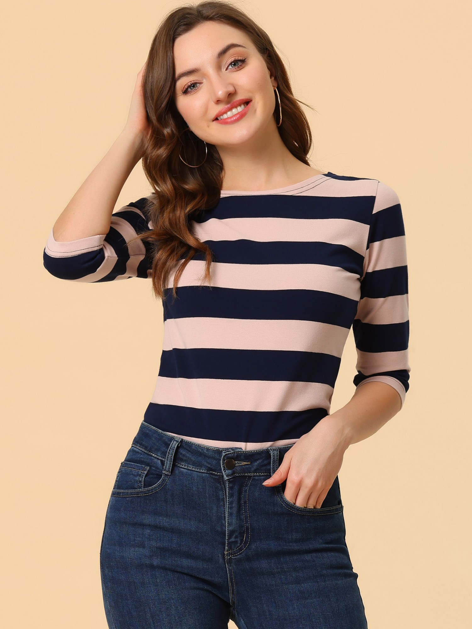 Halloween 3/4 Sleeve T-shirt Casual Boat Neck Slim Fit Tee Pink Navy/L