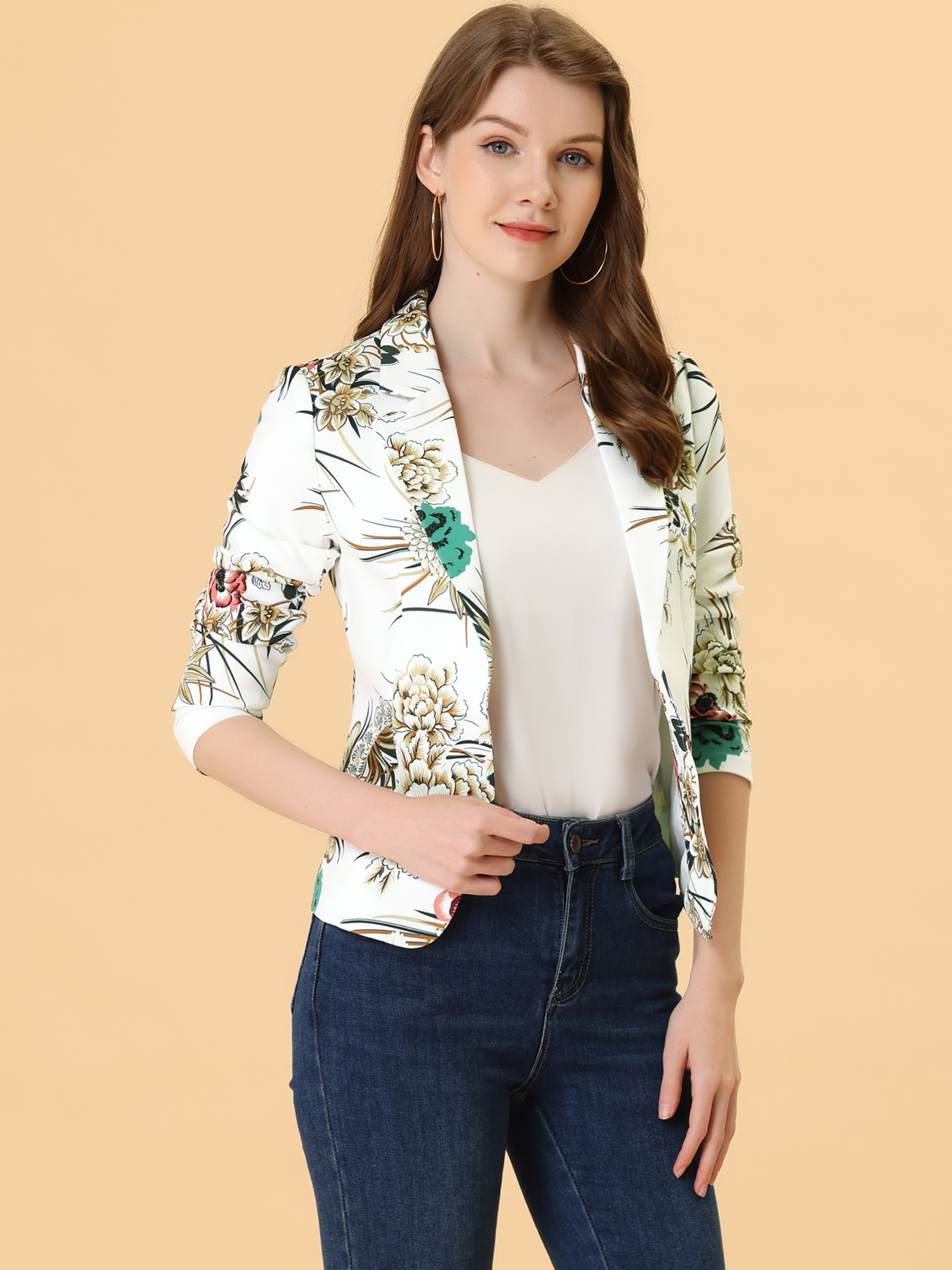 Open Front Notch Lapel Floral Business Casual Suit Blazer White-Flower/M