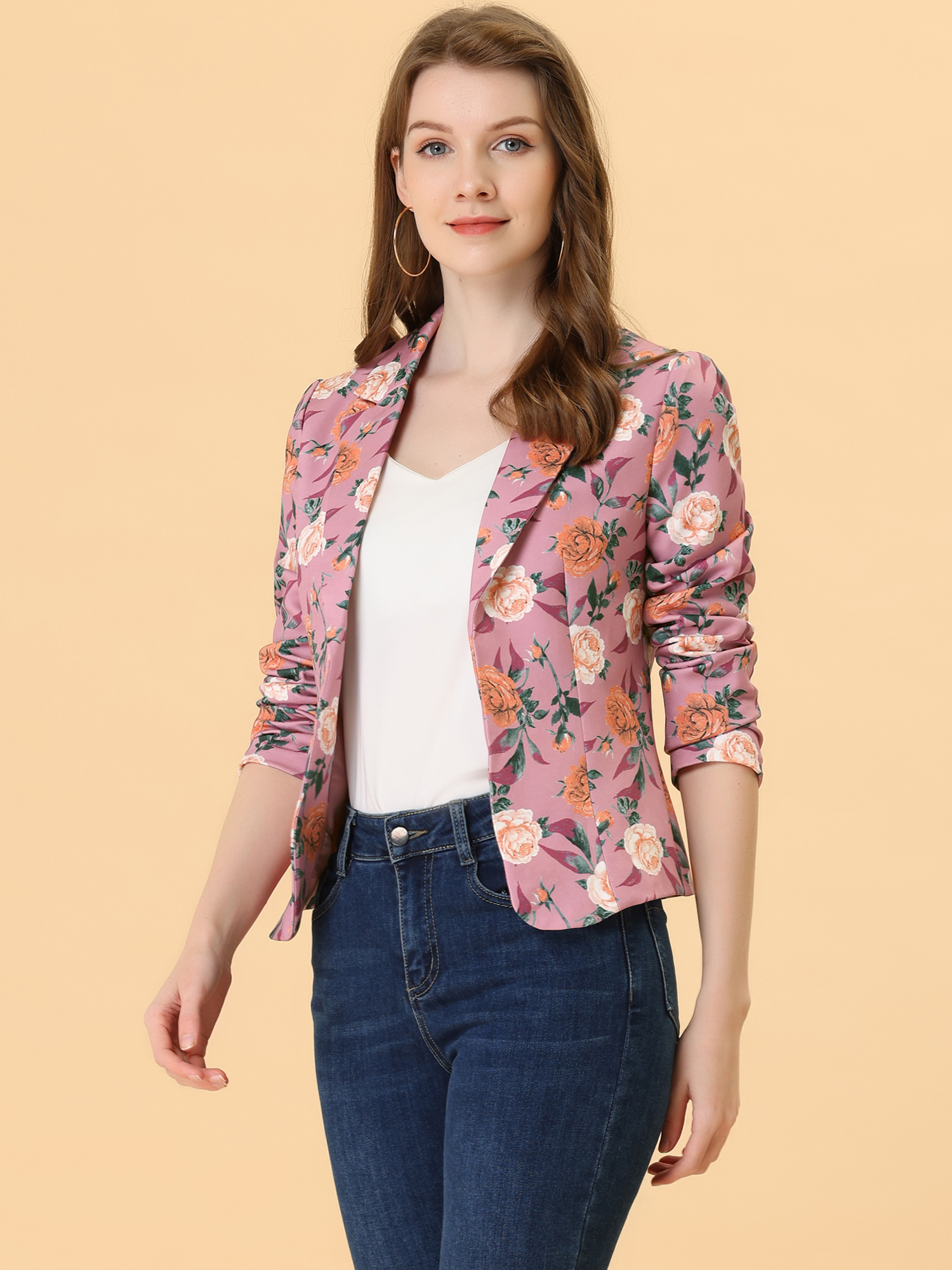 Open Front Notch Lapel Floral Business Casual Suit Blazer Rose-Floral/XS