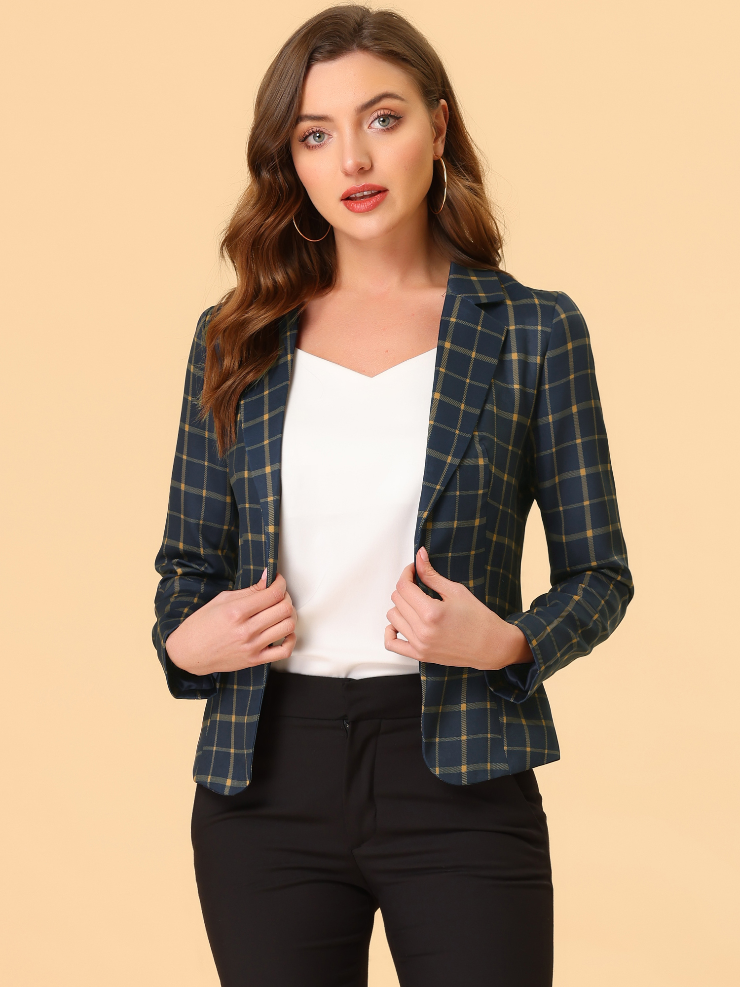 Business Casual Open Front Notch Lapel Plaid Suit Blazer Dark Blue-Plaid/L