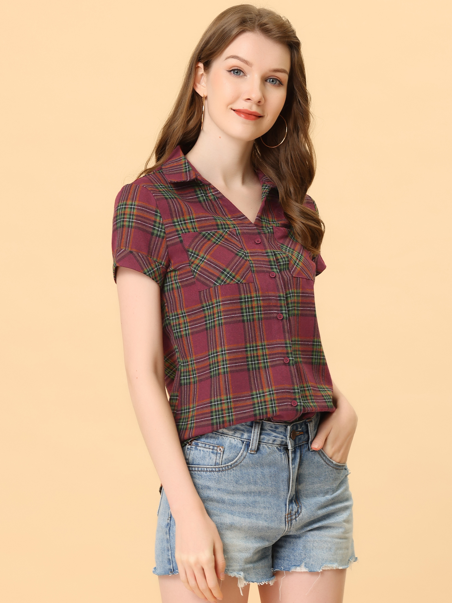 Classic Button Down Plaid Short Sleeve Shirt Red Green/S