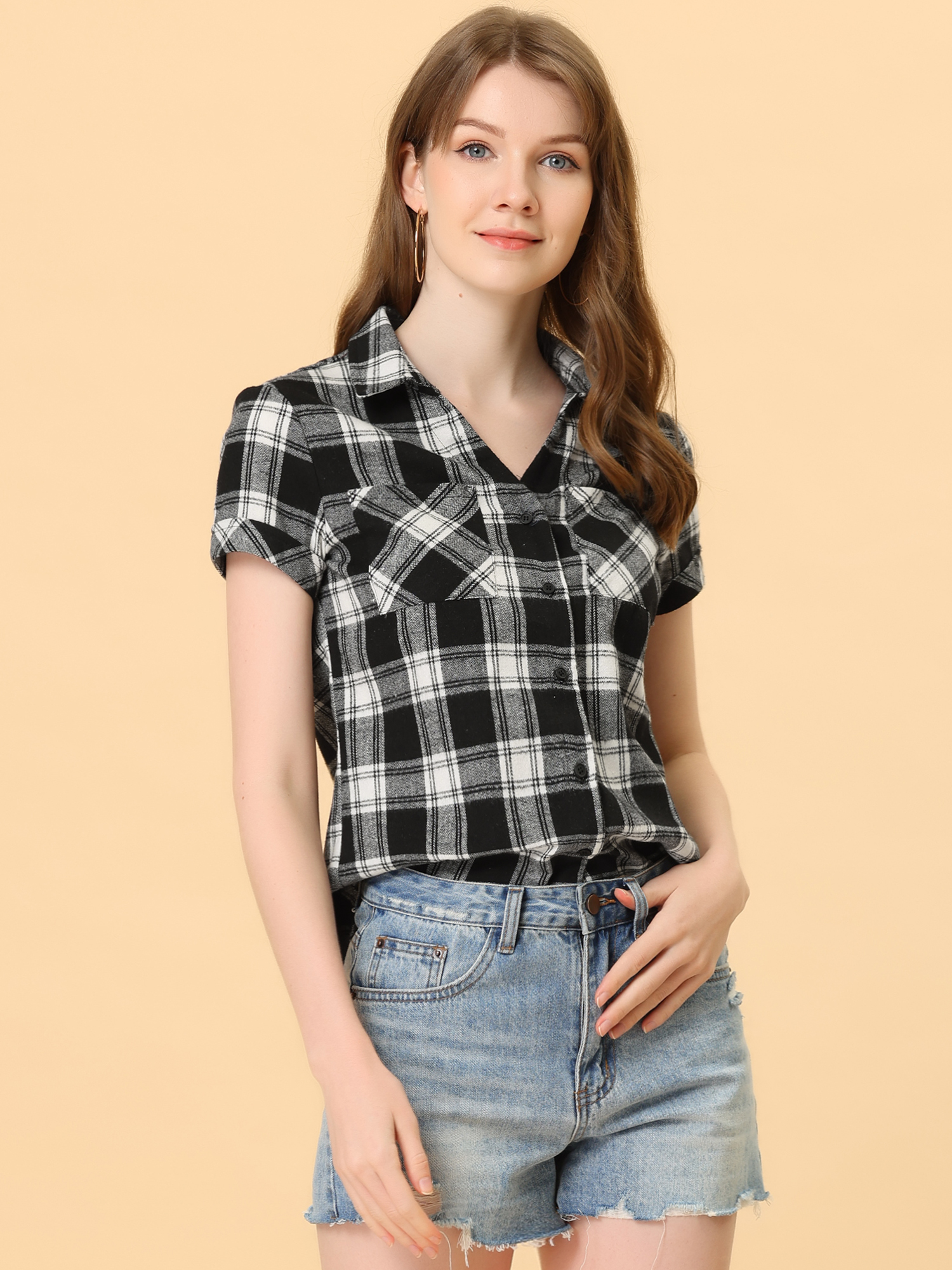 Cotton Classic Button Down Plaid Short Sleeve Shirt Black/L