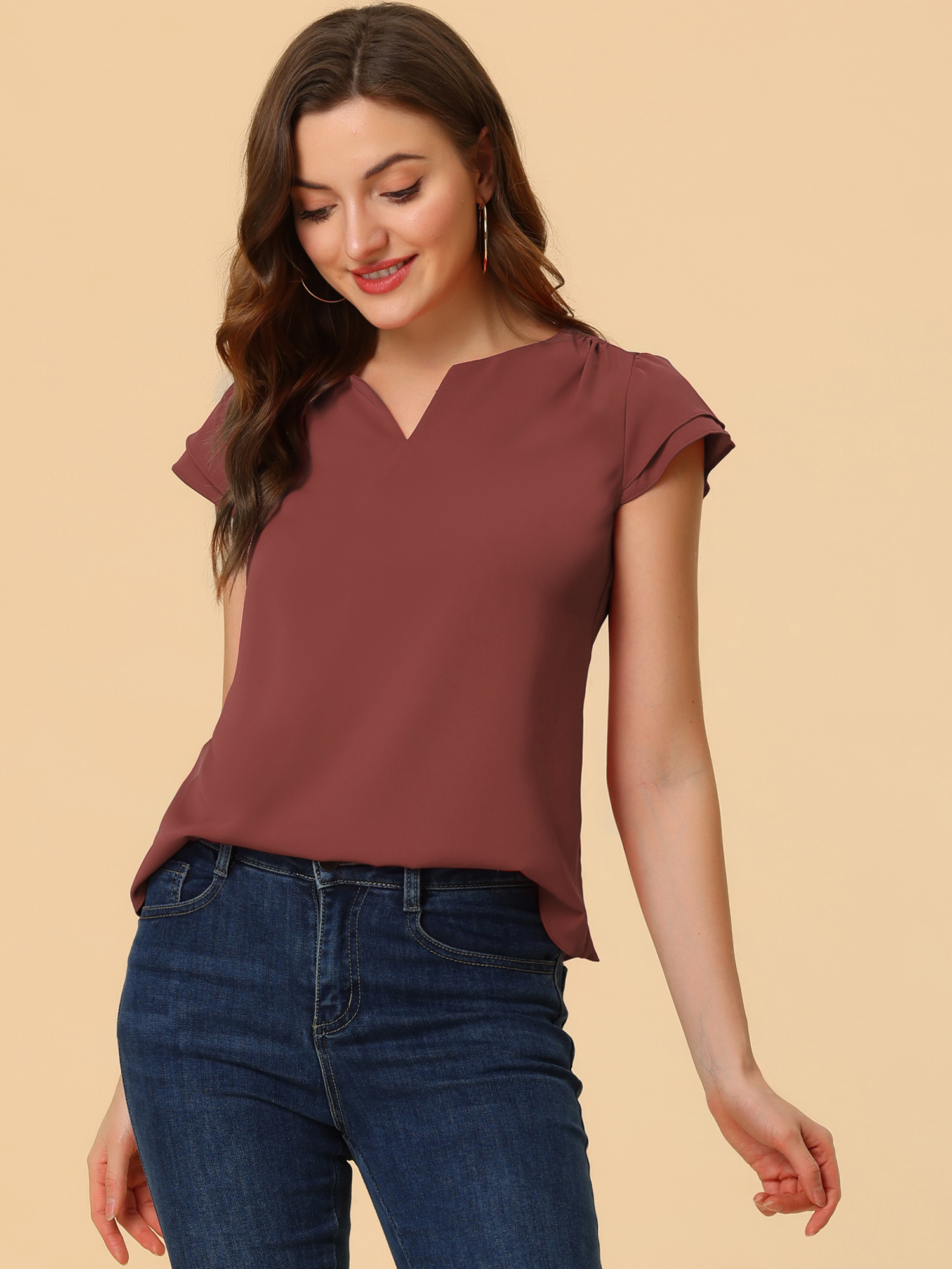 Work Business Casual Plain Cap Sleeve Blouse Top Brick Red/XS
